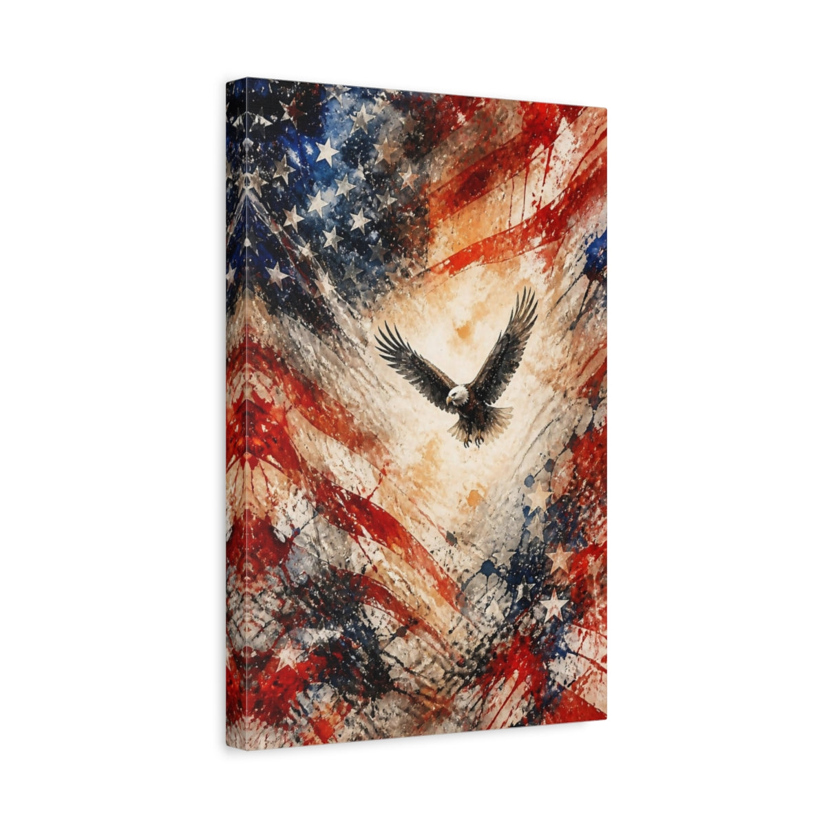 Side Mockup 4. Soaring Bald Eagle Flag shown as canvas print