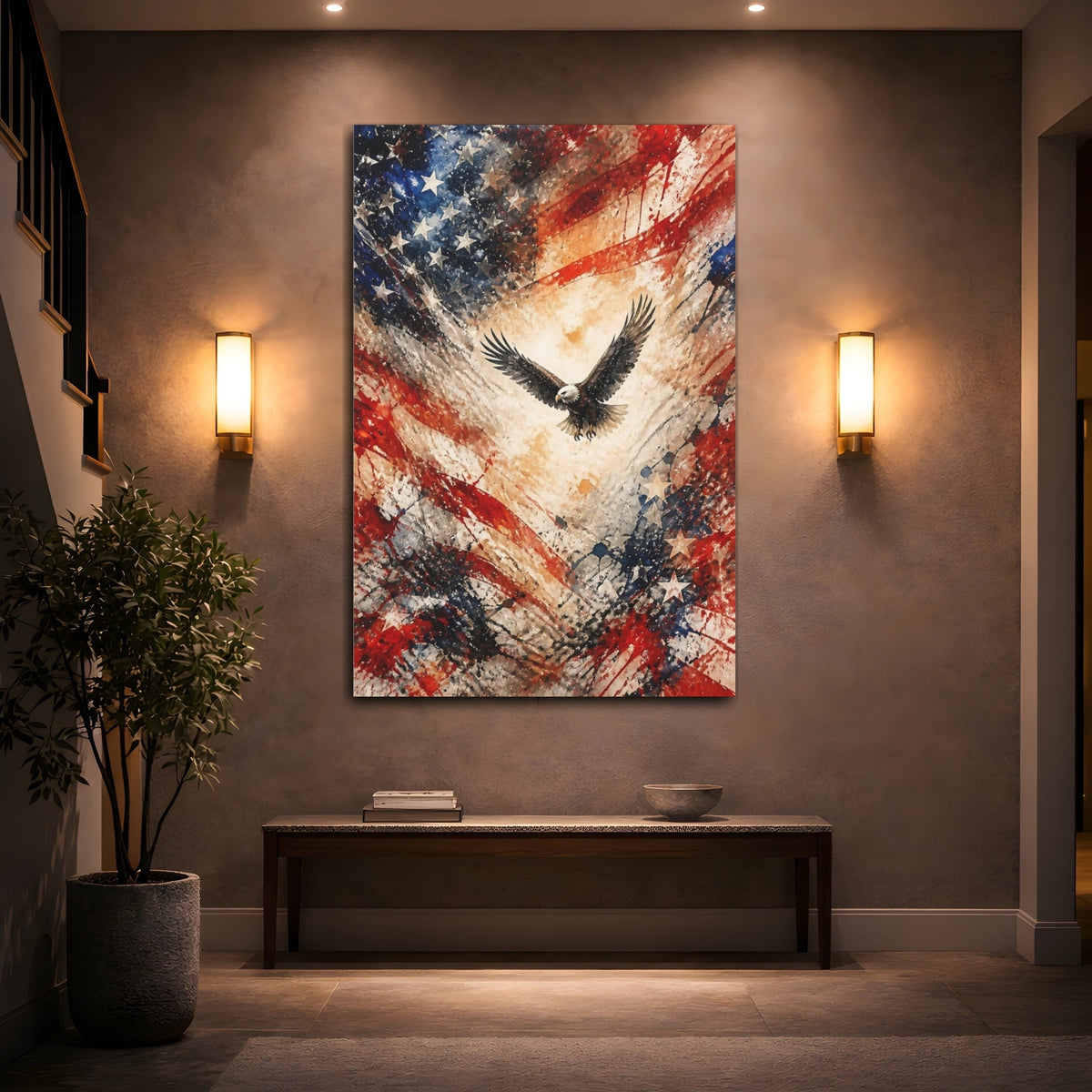 Mockup 2. Soaring Bald Eagle Flag shown as canvas print