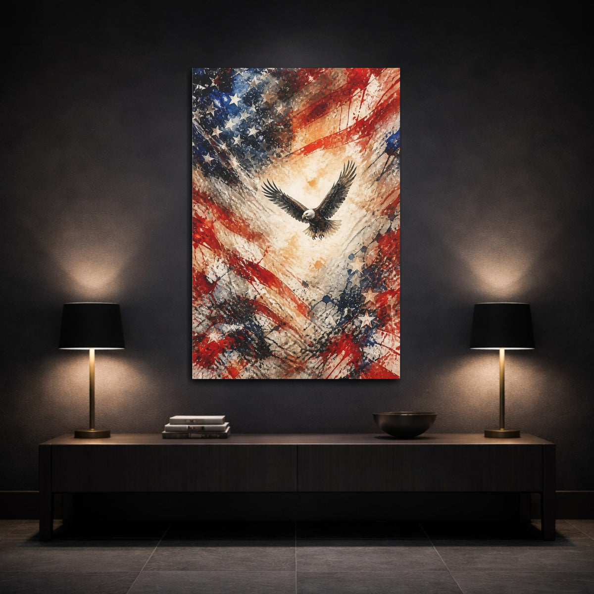 Mockup 3. Soaring Bald Eagle Flag shown as canvas print