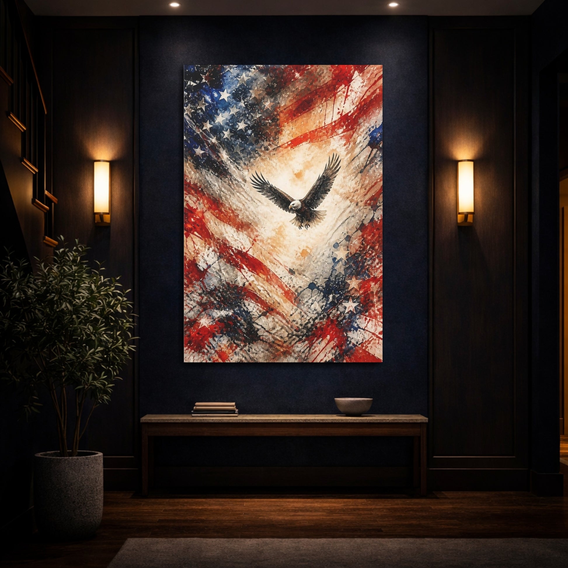 Mockup 4. Soaring Bald Eagle Flag shown as canvas print
