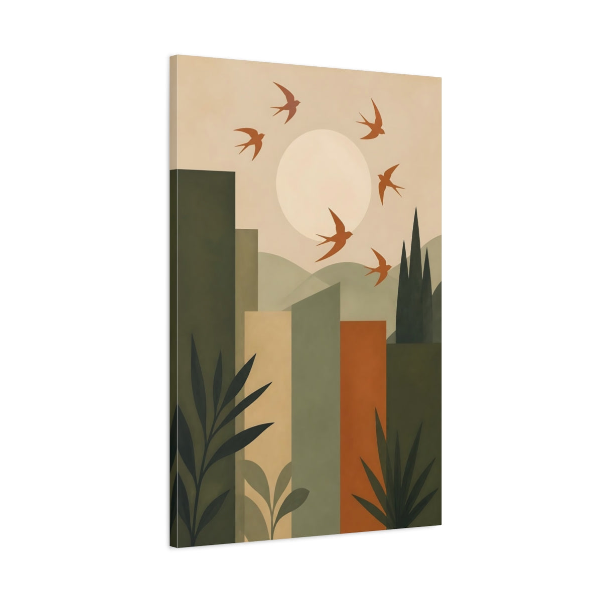 Main Mockup. Soaring Swallows Over Sun shown as canvas print