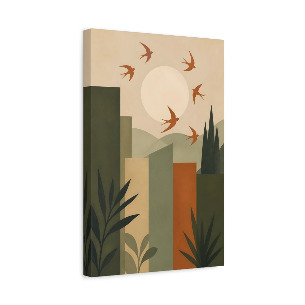 Side Mockup 4. Soaring Swallows Over Sun shown as canvas print