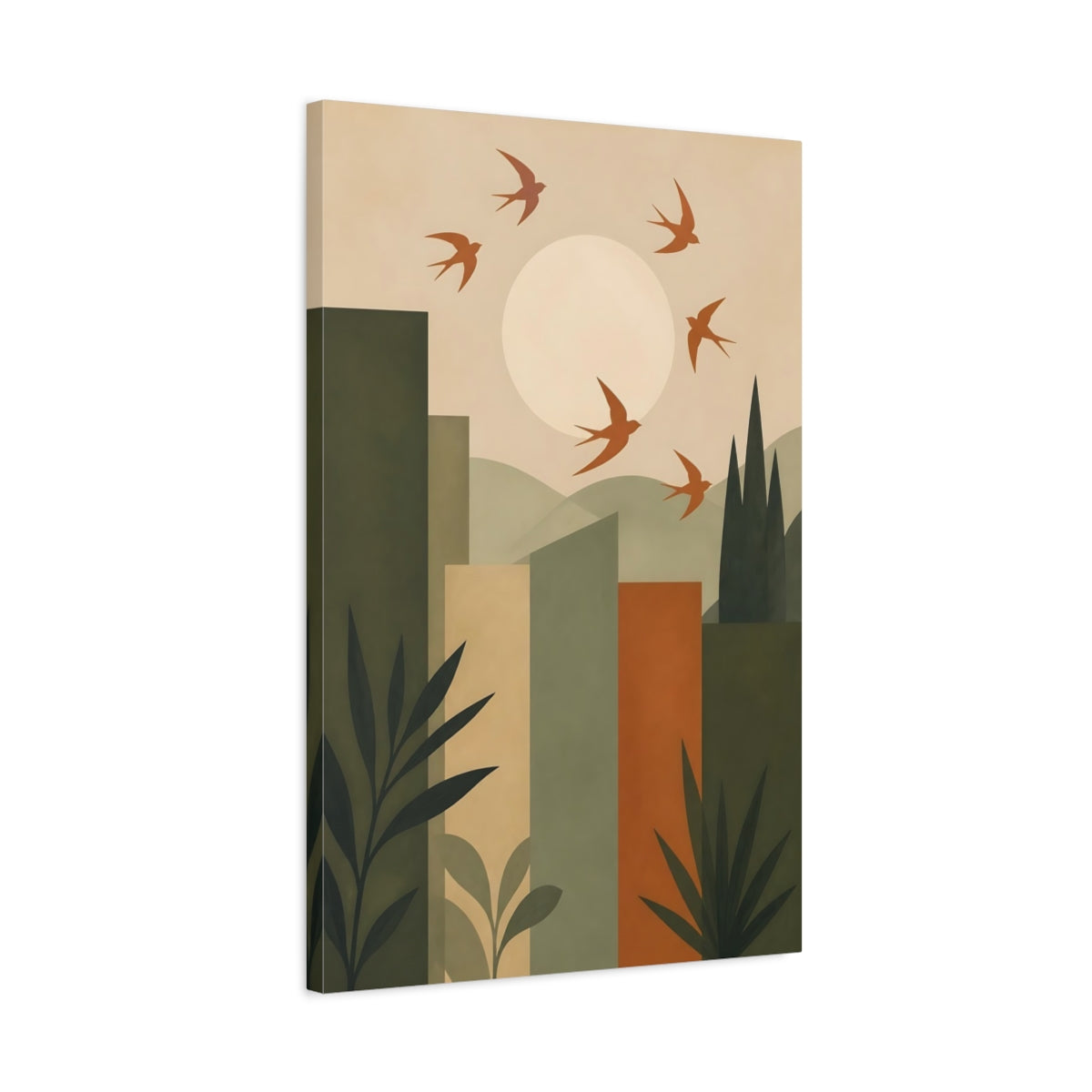 Side Mockup 2. Soaring Swallows Over Sun shown as canvas print