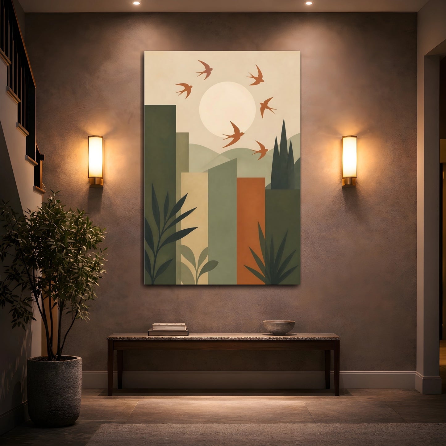 Mockup 2. Soaring Swallows Over Sun shown as canvas print