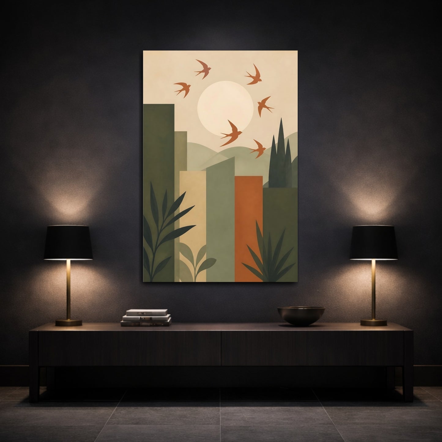 Mockup 3. Soaring Swallows Over Sun shown as canvas print