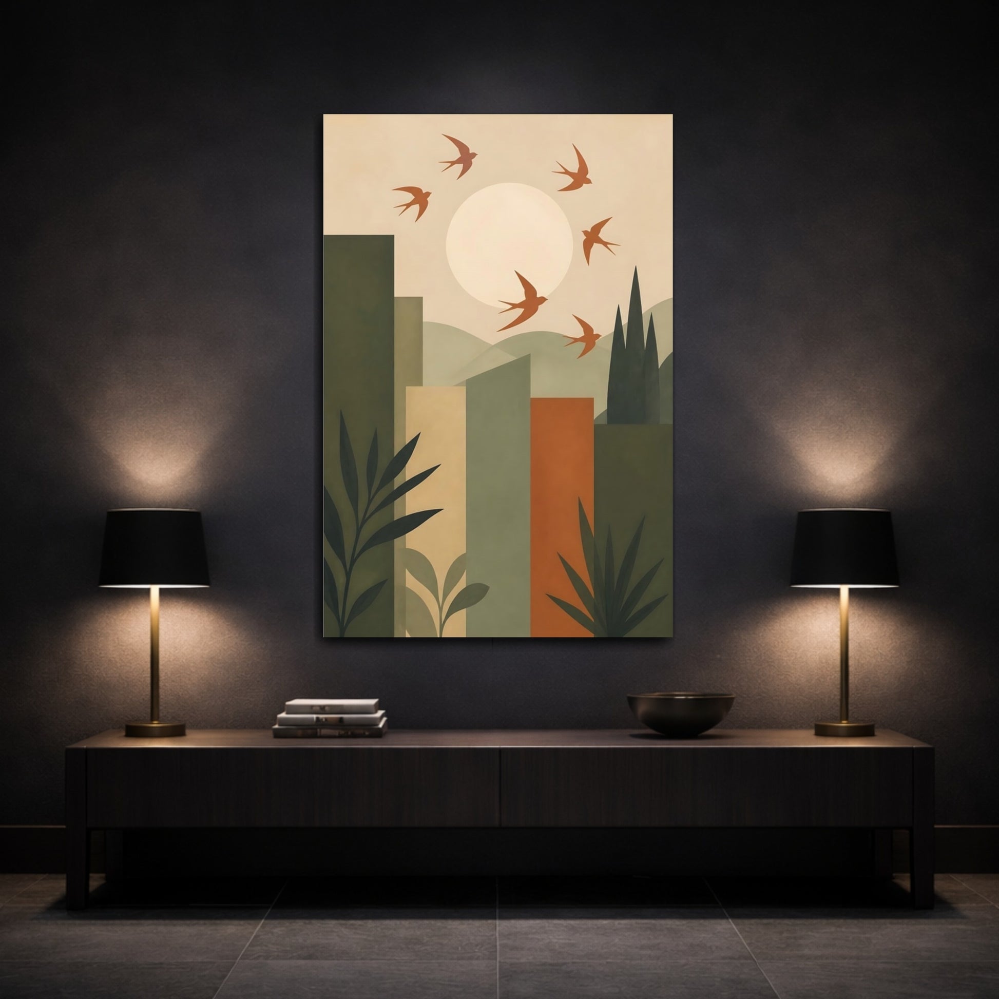 Mockup 3. Soaring Swallows Over Sun shown as canvas print