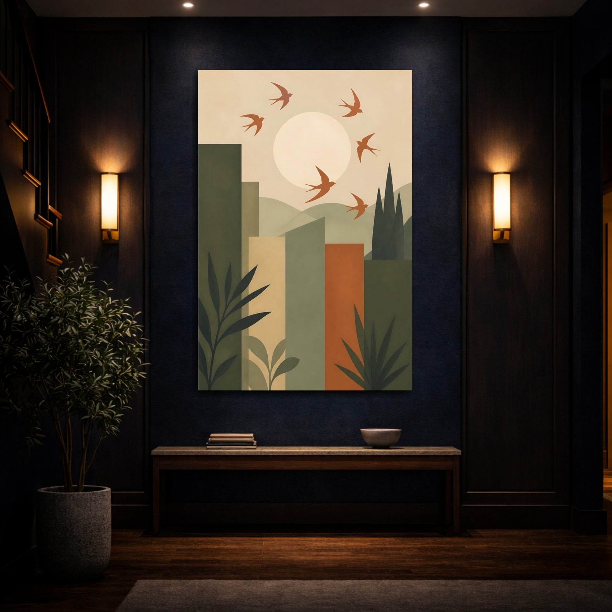 Mockup 4. Soaring Swallows Over Sun shown as canvas print