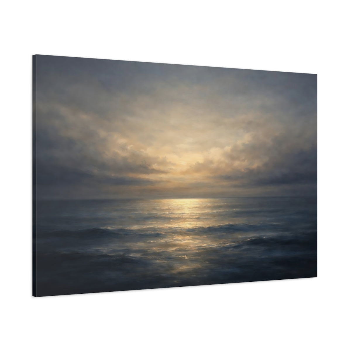 Main Mockup. Soft Abstract Sea Horizon Dark Split shown as stretched canvas wall art