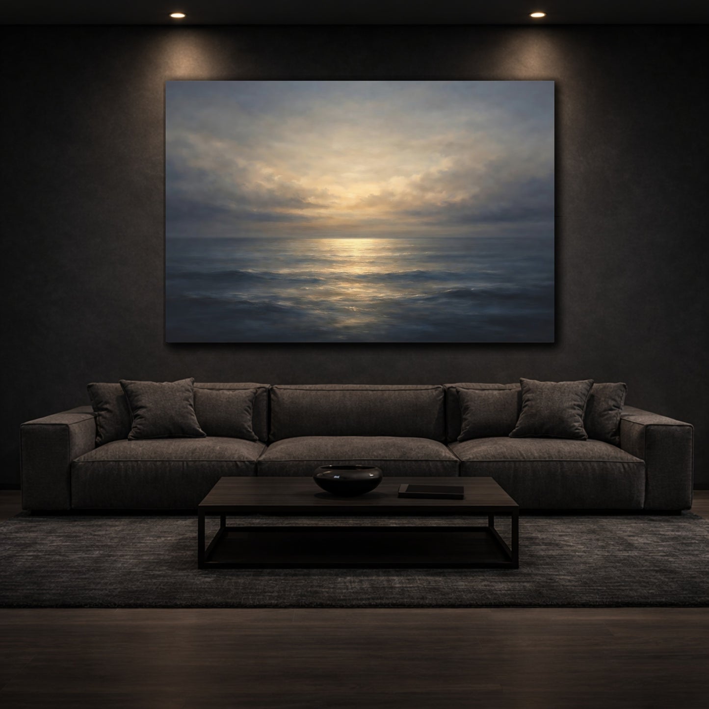 Mockup 2. Soft Abstract Sea Horizon Dark Split shown as stretched canvas wall art