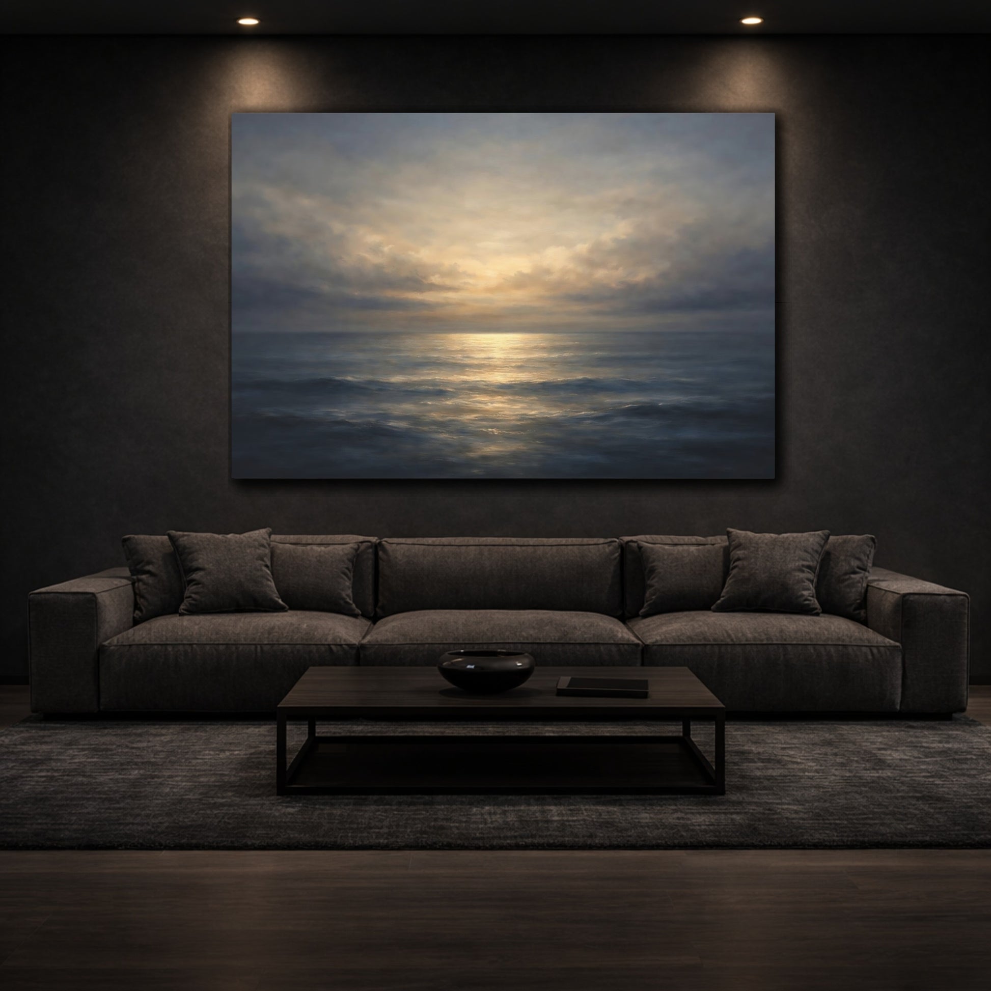 Mockup 2. Soft Abstract Sea Horizon Dark Split shown as stretched canvas wall art