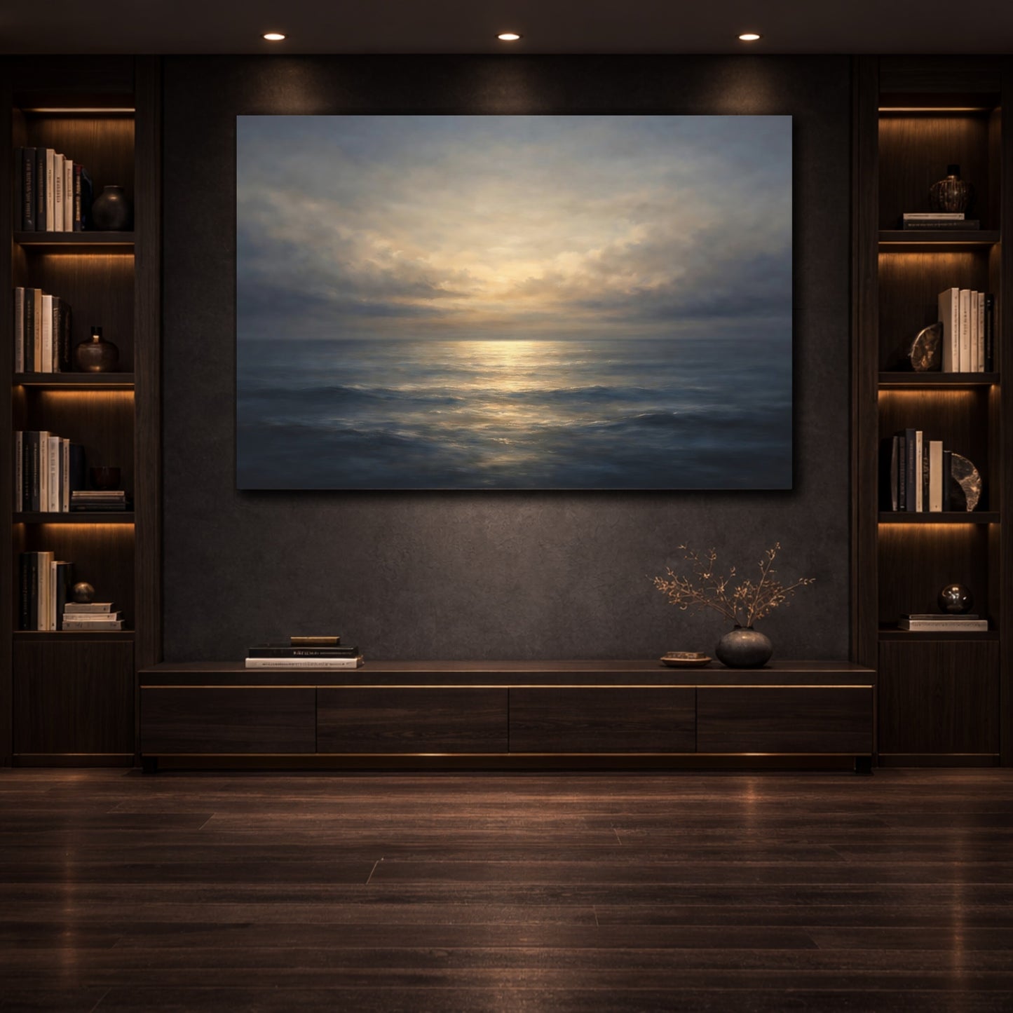 Mockup 3. Soft Abstract Sea Horizon Dark Split shown as stretched canvas wall art