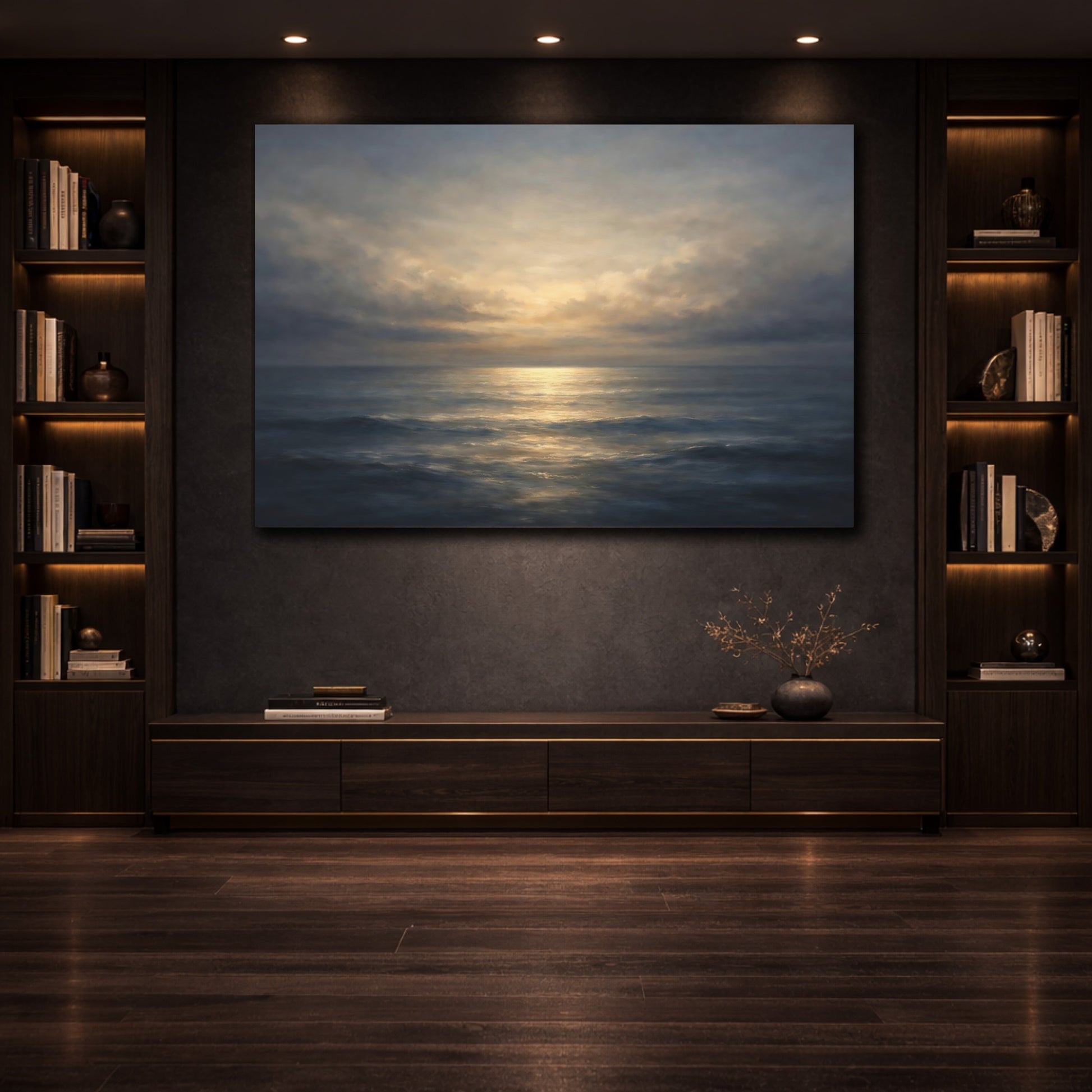 Mockup 3. Soft Abstract Sea Horizon Dark Split shown as stretched canvas wall art