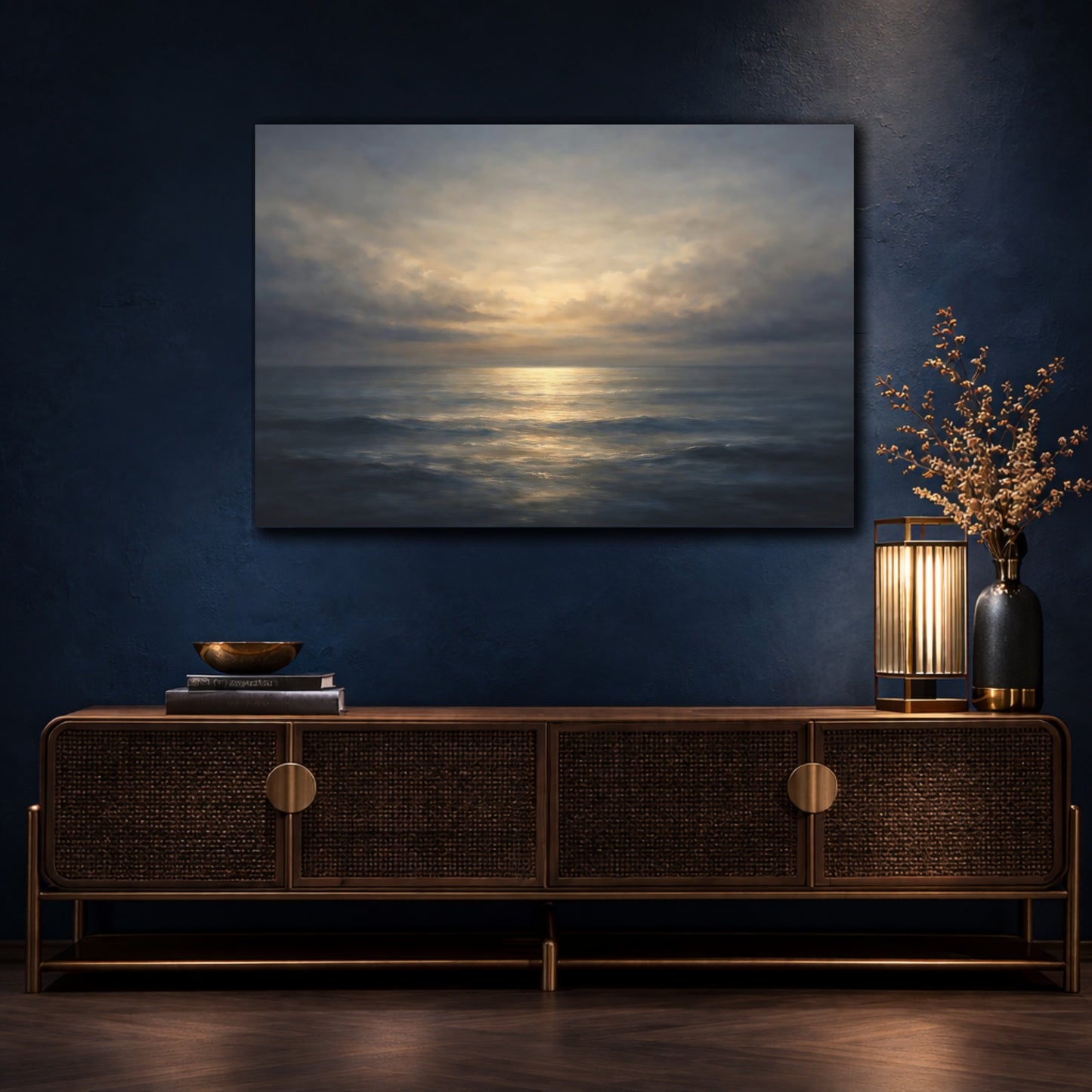 Mockup 4. Soft Abstract Sea Horizon Dark Split shown as stretched canvas wall art