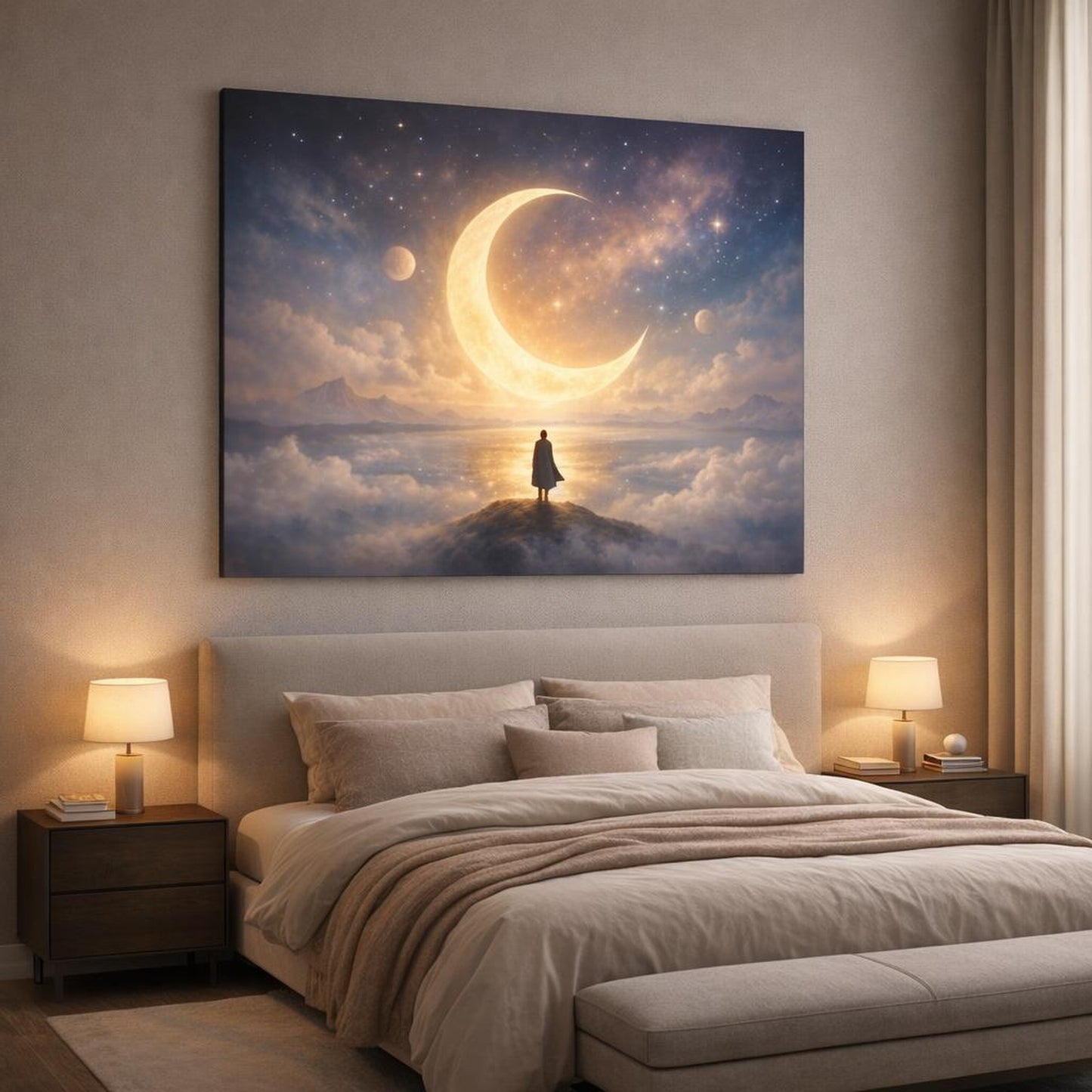 Soft Dreamscape Celestial shown as canvas wall art in a luxury bedroom
