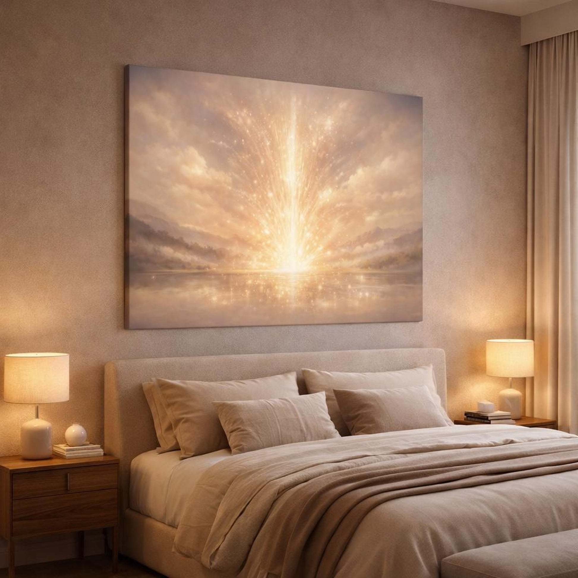 Soft Dreamscape Champagne Pop shown as canvas wall art in a luxury bedroom