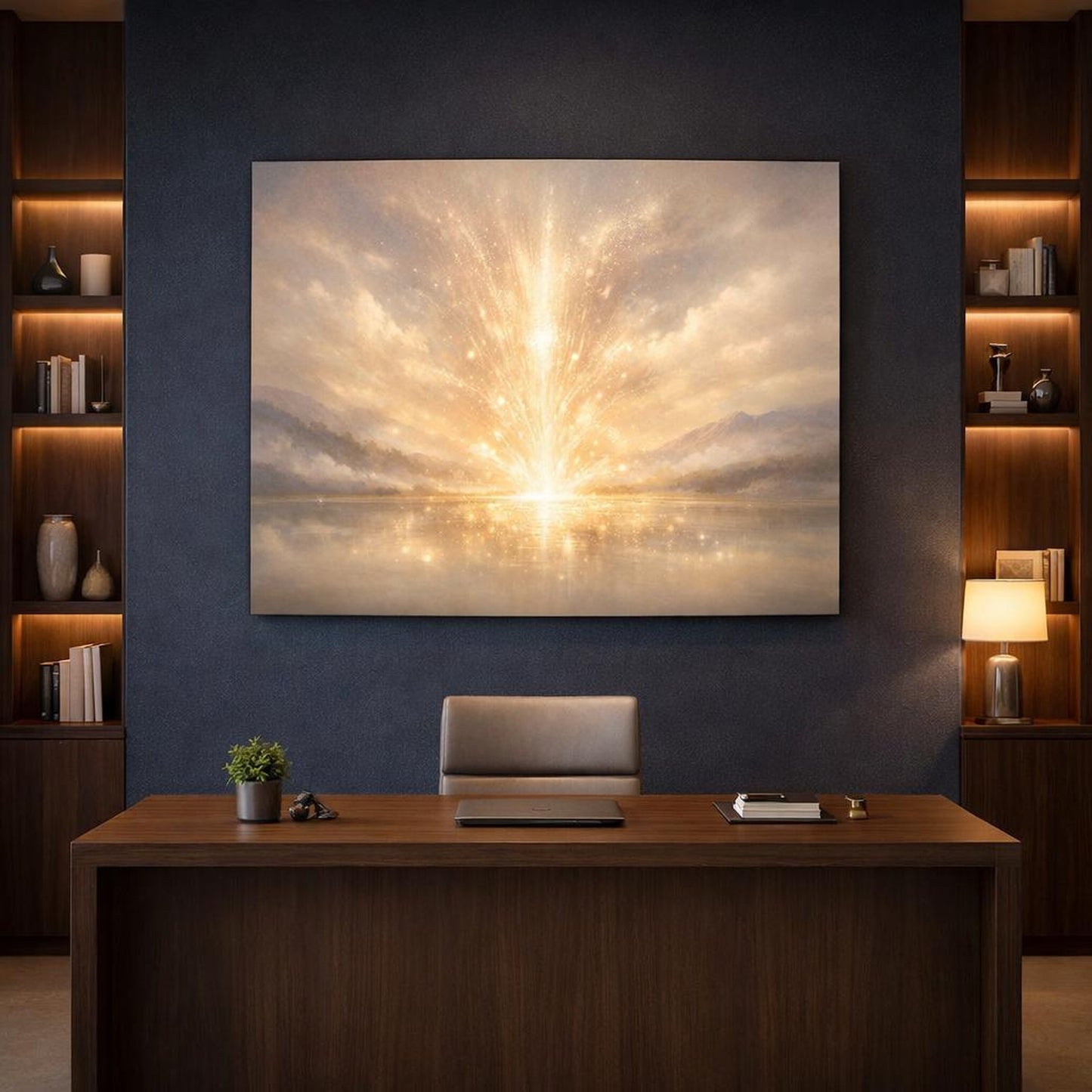 Soft Dreamscape Champagne Pop shown as canvas wall art in a refined dining room