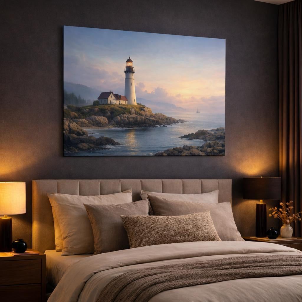 Soft Dreamscape Coastal Lighthouse shown as canvas wall art in a luxury bedroom