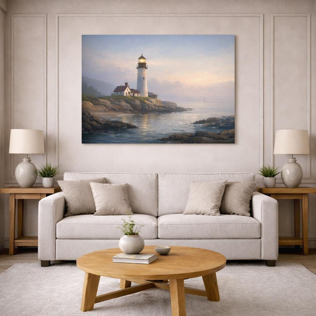 Soft Dreamscape Coastal Lighthouse shown as canvas wall art in a modern living room
