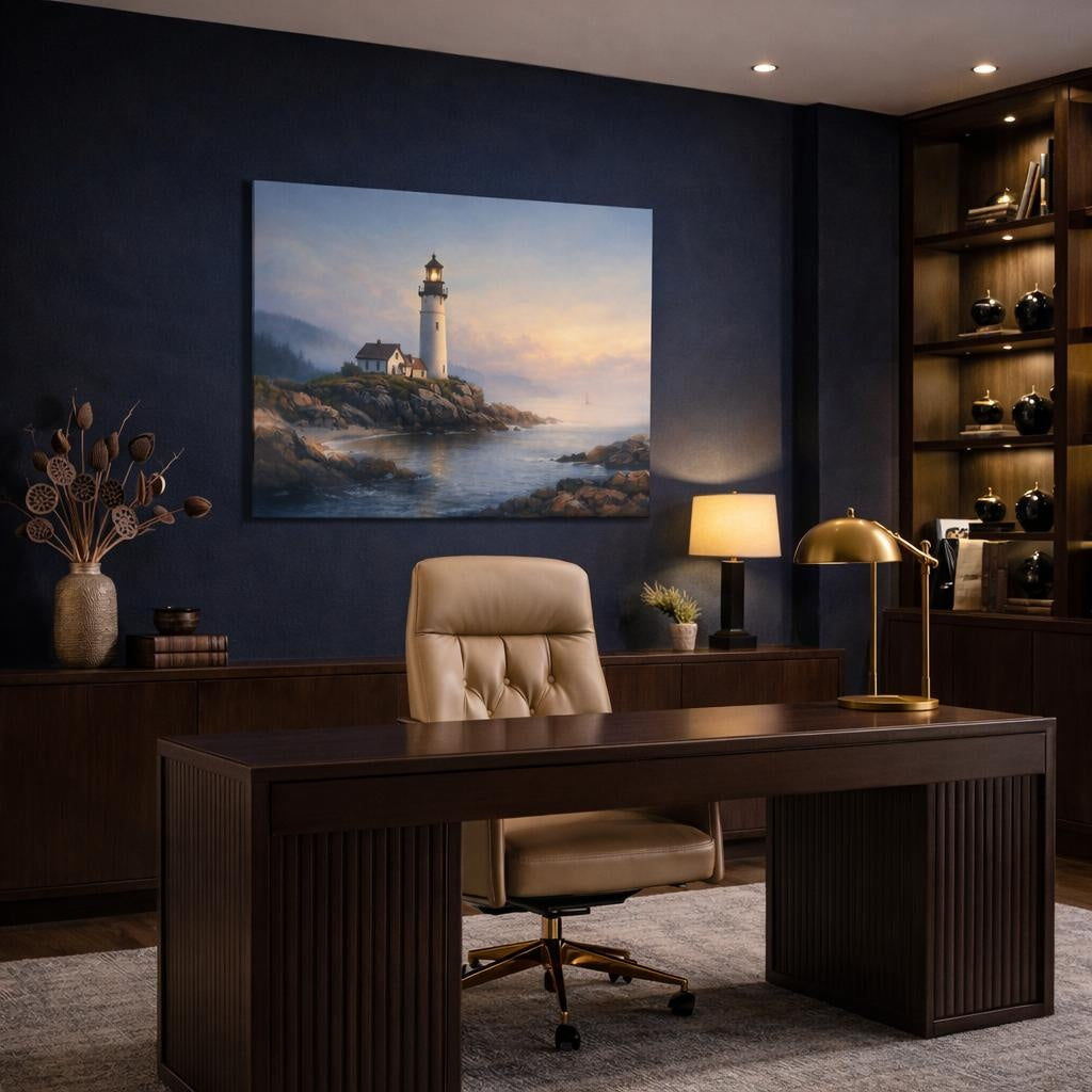 Soft Dreamscape Coastal Lighthouse shown as canvas wall art in a refined dining room