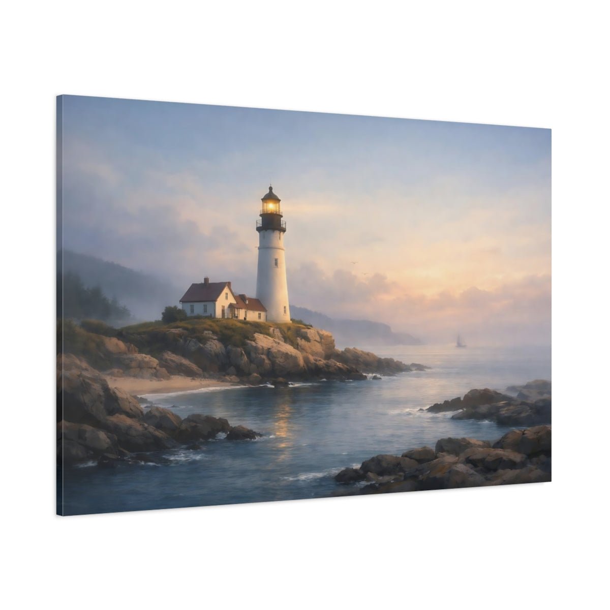 Soft Dreamscape Coastal Lighthouse shown as stretched canvas wall art