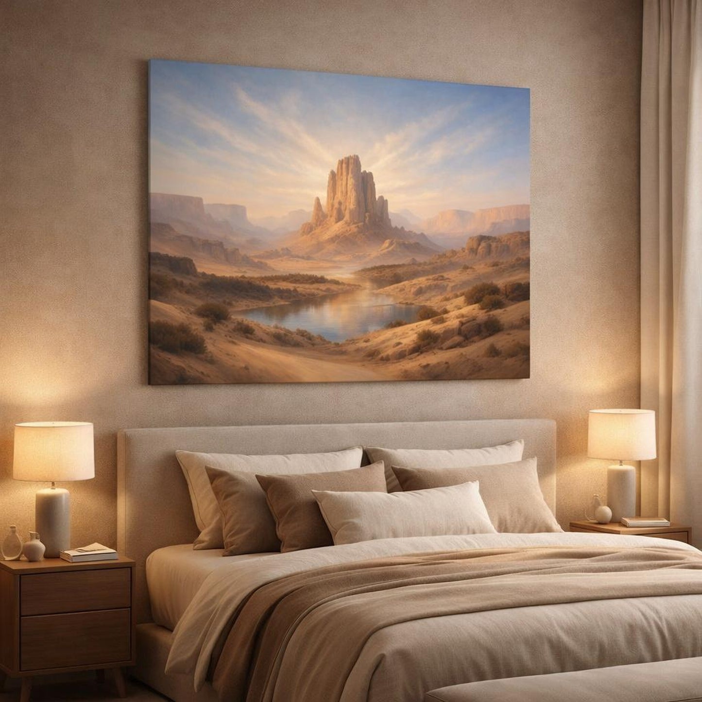 Soft Dreamscape Desert Canyon shown as canvas wall art in a luxury bedroom