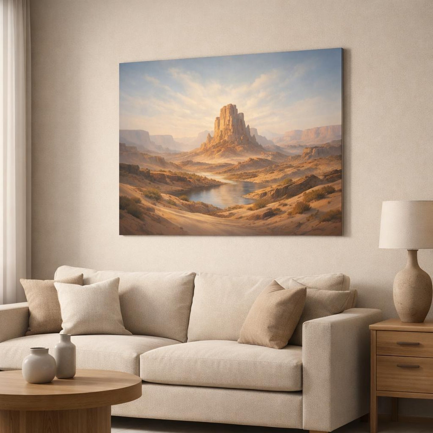 Soft Dreamscape Desert Canyon shown as canvas wall art in a modern living room
