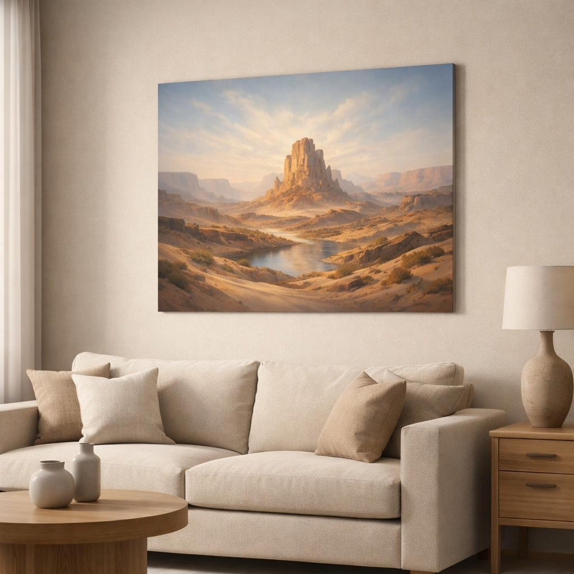 Soft Dreamscape Desert Canyon shown as canvas wall art in a modern living room