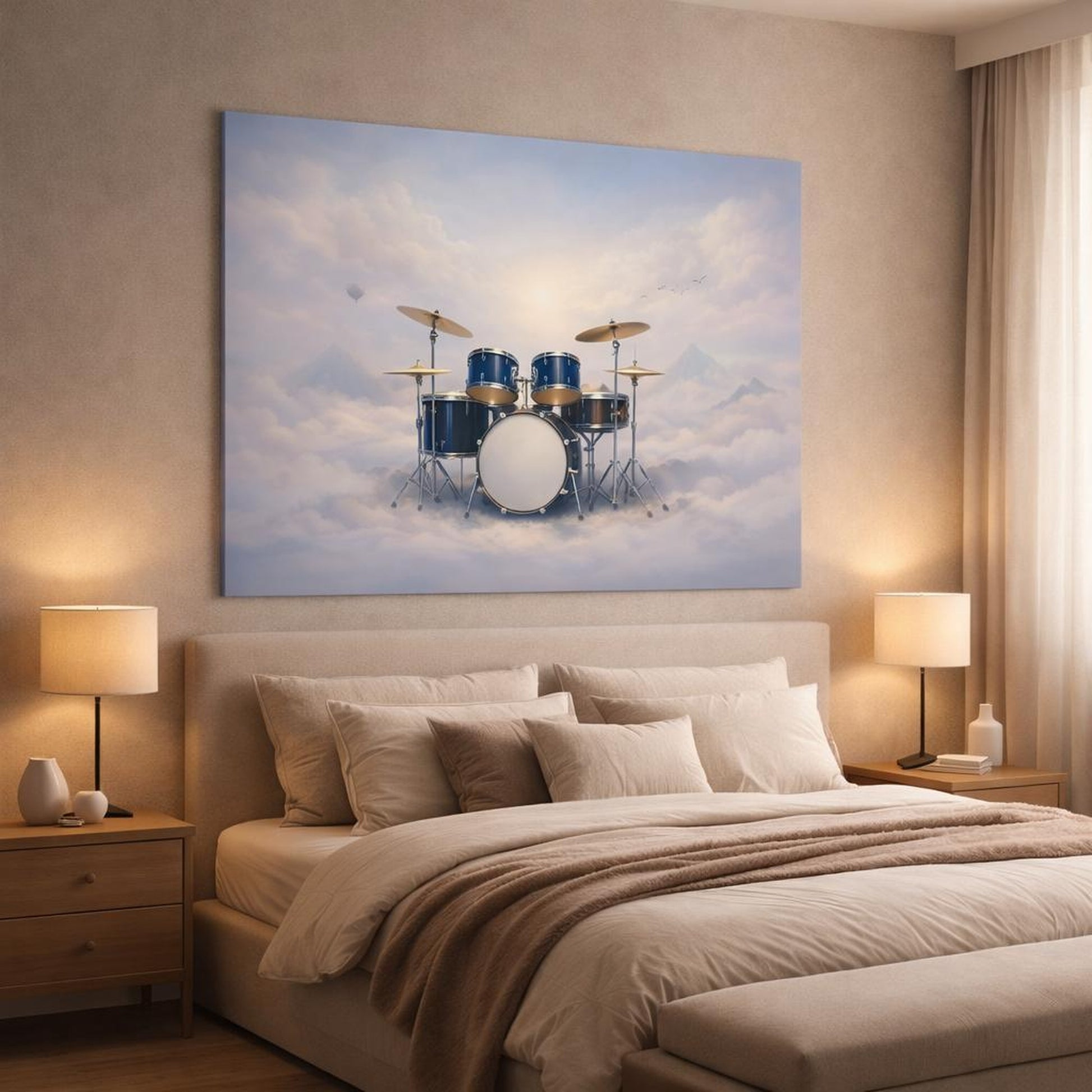 Soft Dreamscape Drum Set shown as canvas wall art in a luxury bedroom
