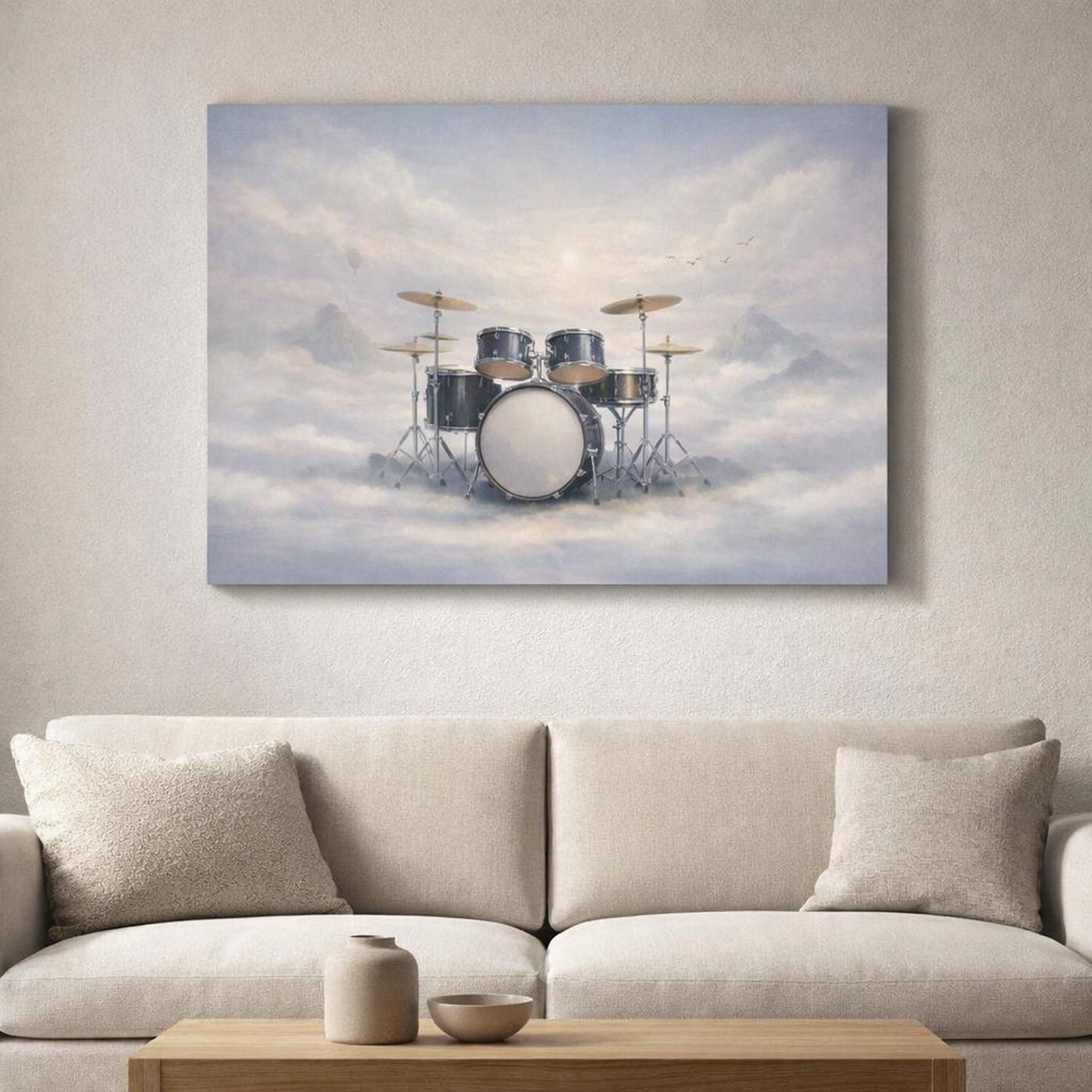 Soft Dreamscape Drum Set shown as canvas wall art in a refined dining room