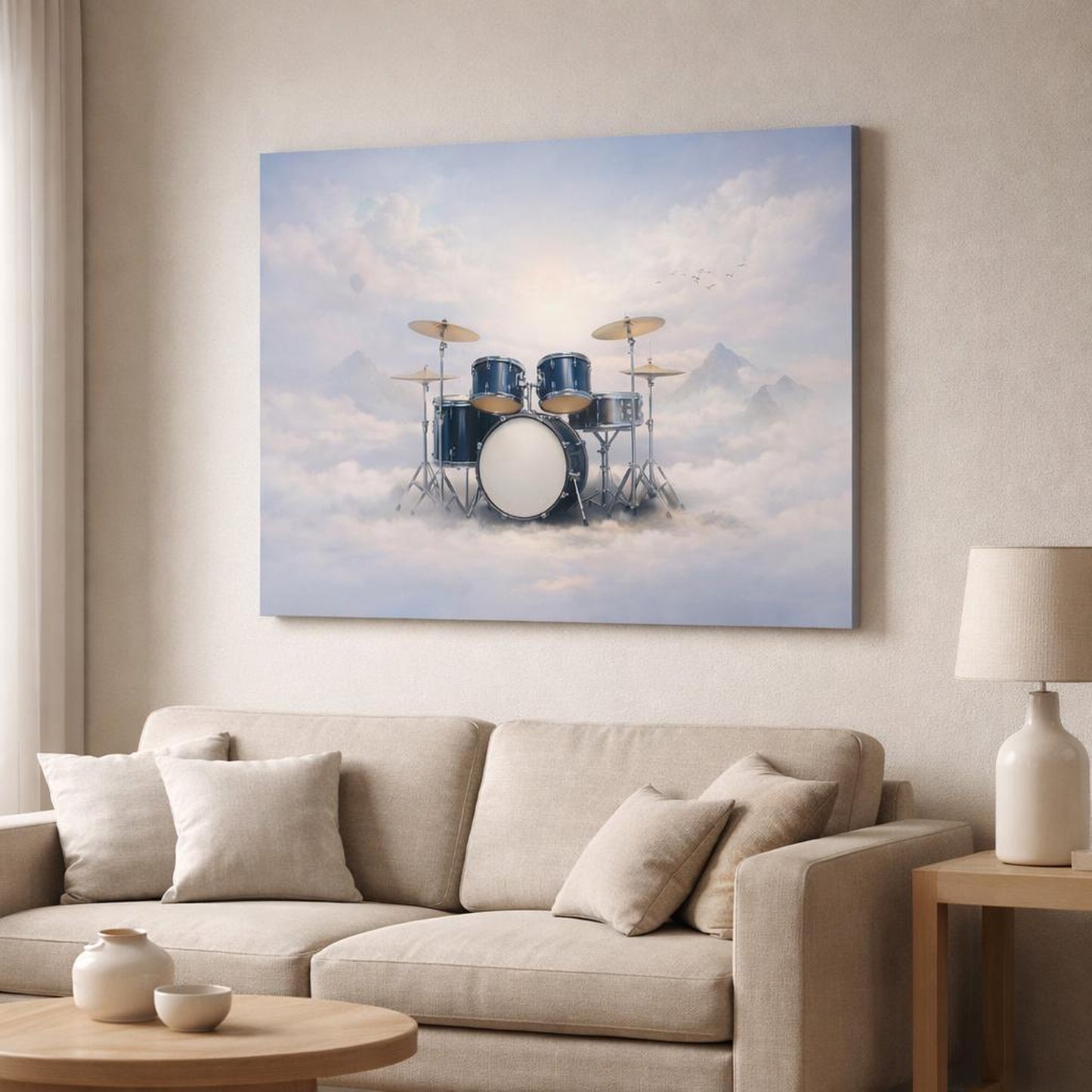 Soft Dreamscape Drum Set shown as canvas wall art in a modern living room