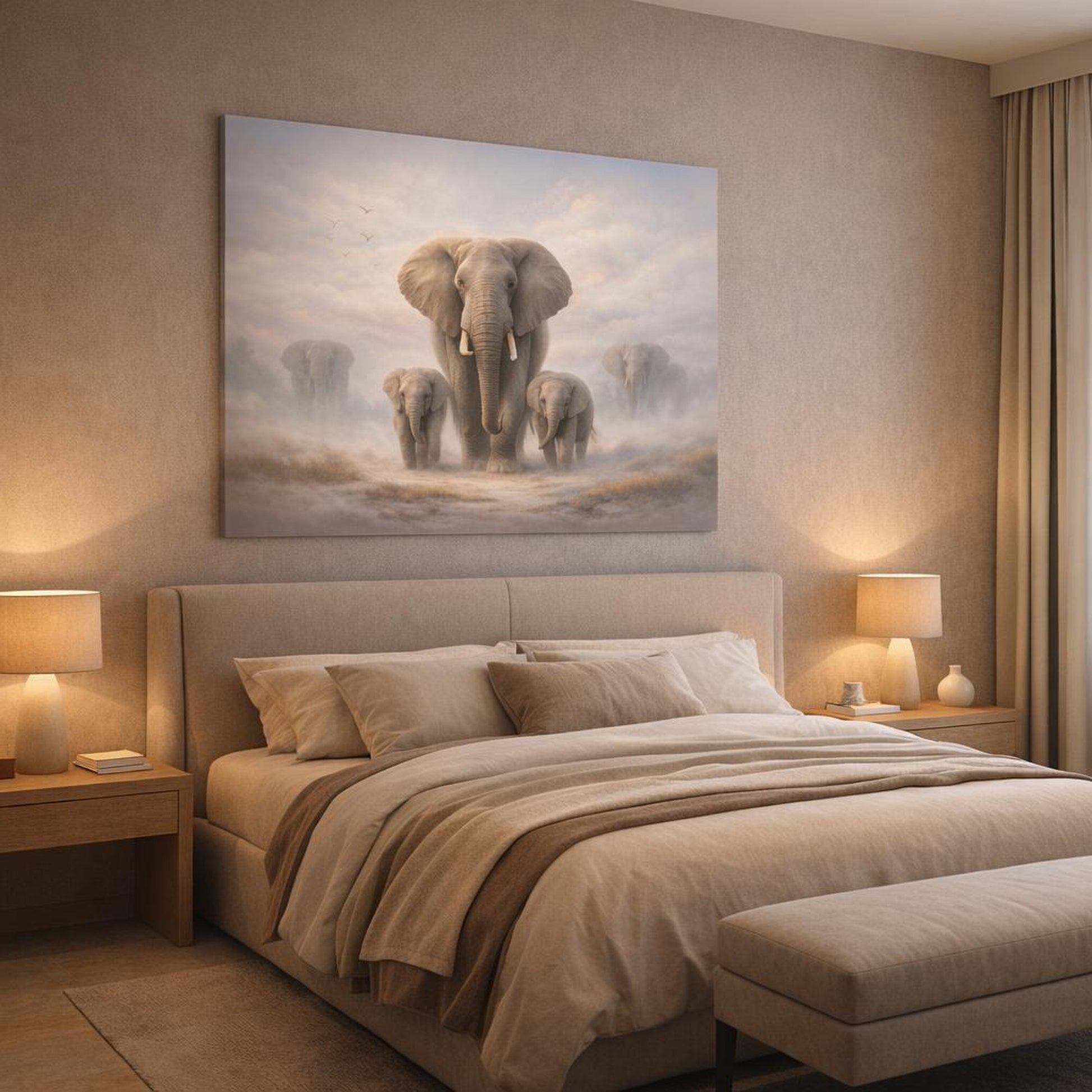 Soft Dreamscape Elephant Walk shown as canvas wall art in a luxury bedroom