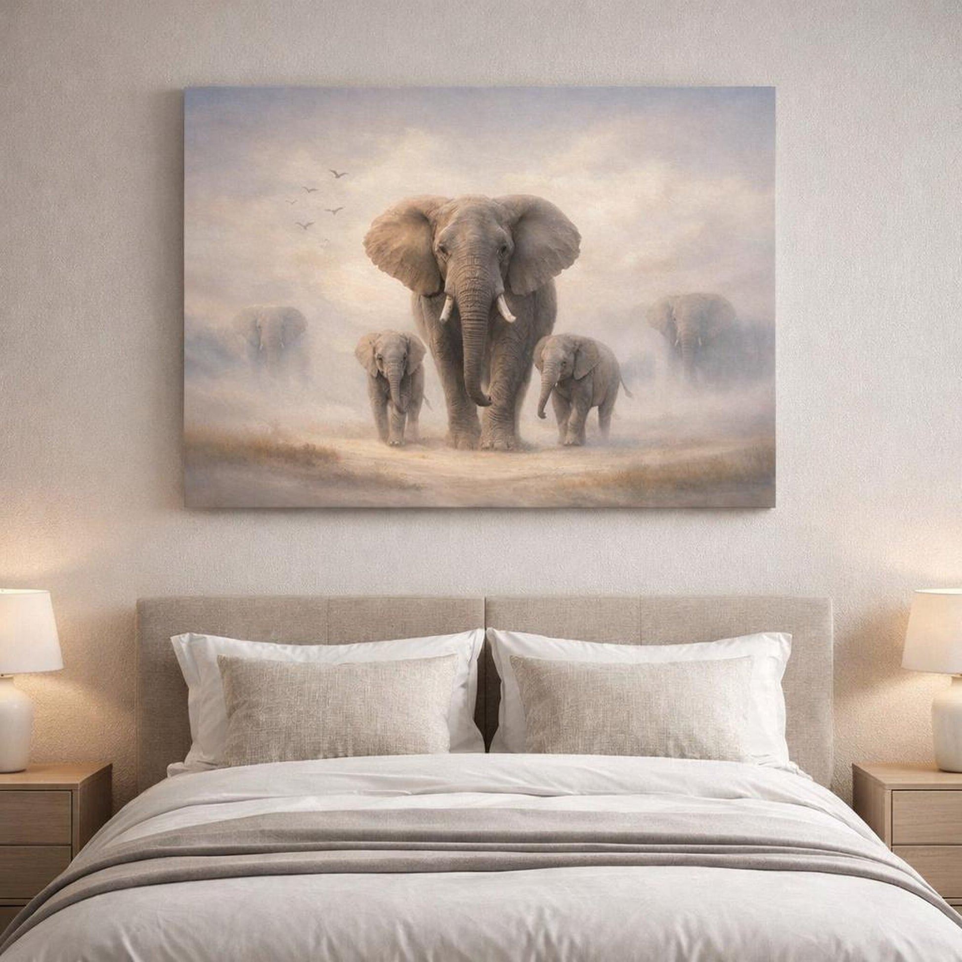 Soft Dreamscape Elephant Walk shown as canvas wall art in a refined dining room