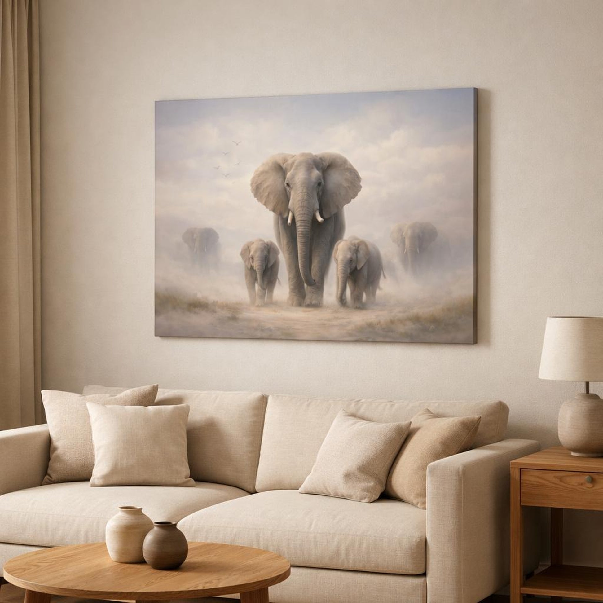 Soft Dreamscape Elephant Walk shown as canvas wall art in a modern living room
