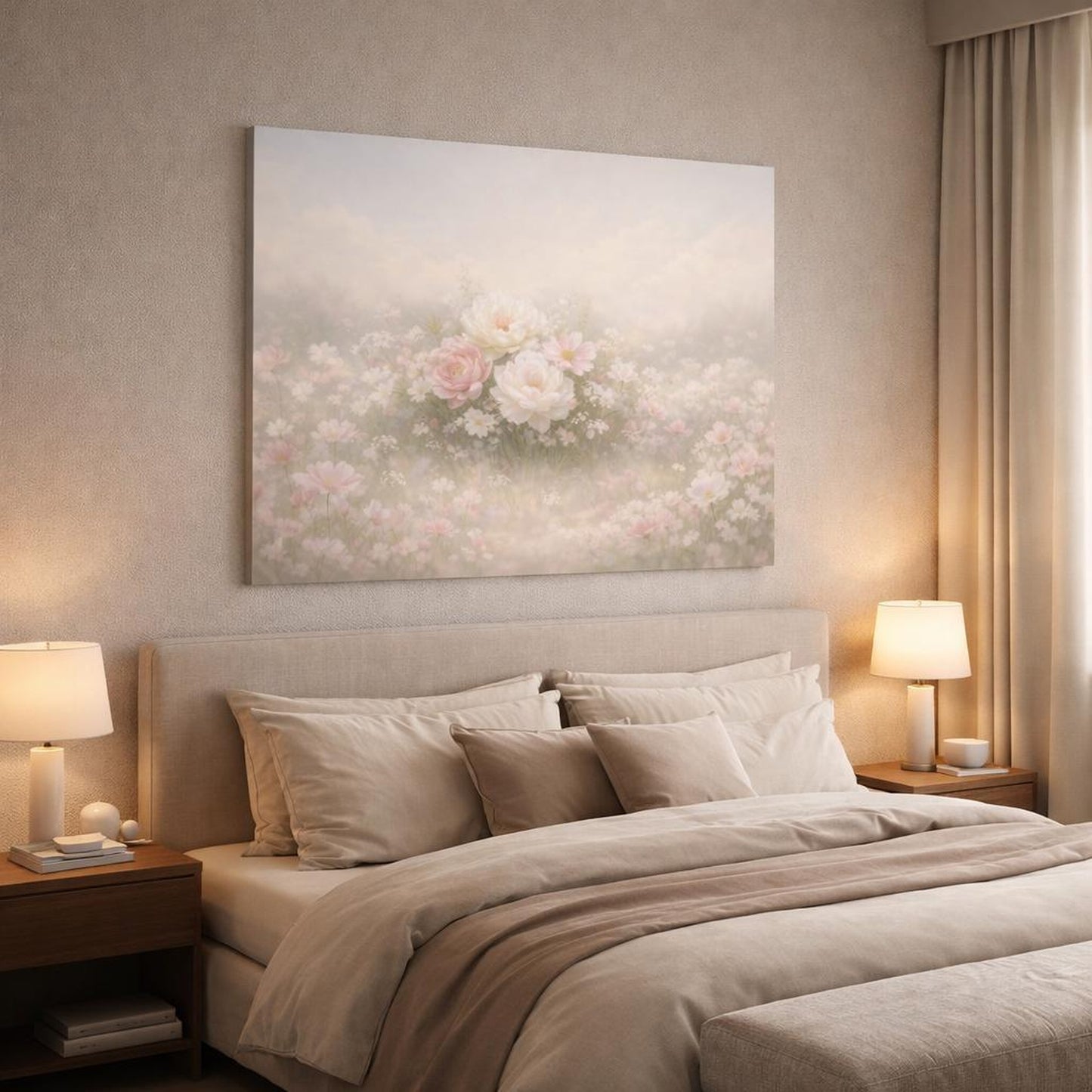 Soft Dreamscape Flowers Feminine shown as canvas wall art in a luxury bedroom