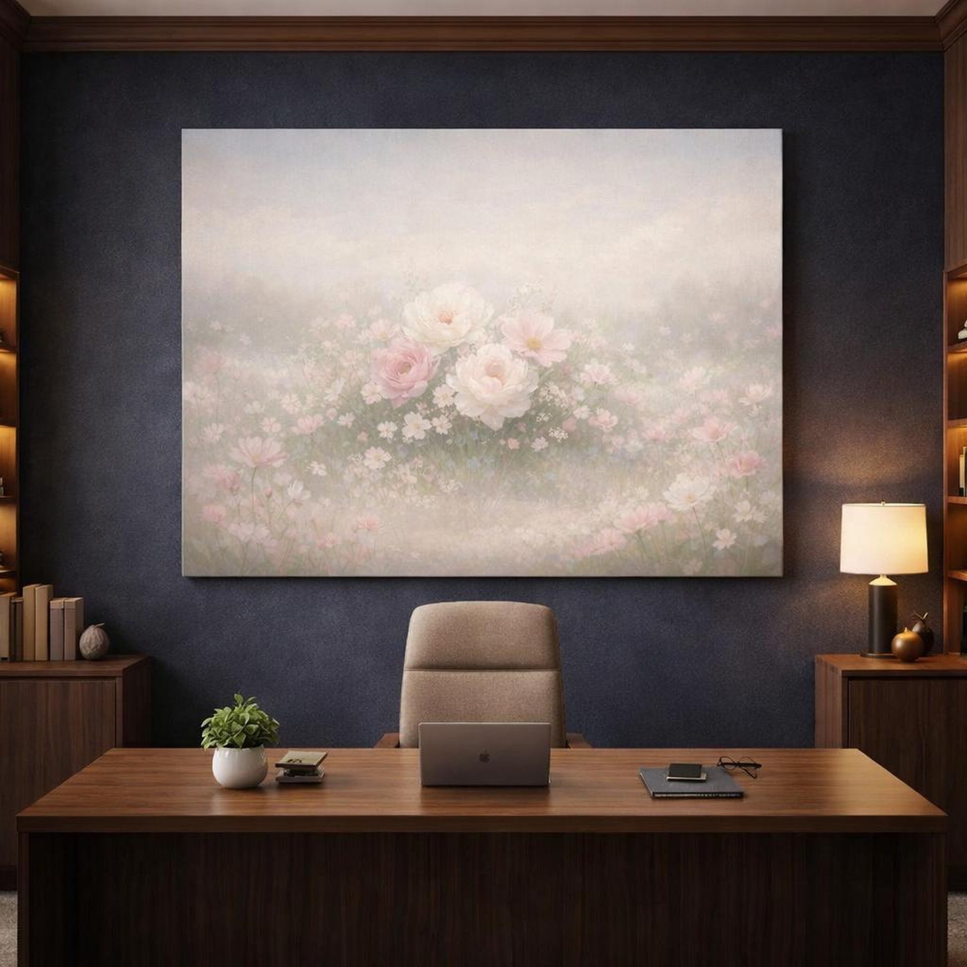 Soft Dreamscape Flowers Feminine shown as canvas wall art in a refined dining room