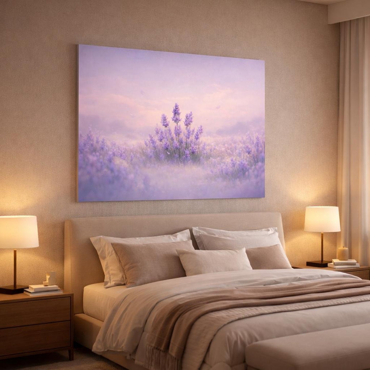 Soft Dreamscape Flowers Lavender shown as canvas wall art in a luxury bedroom
