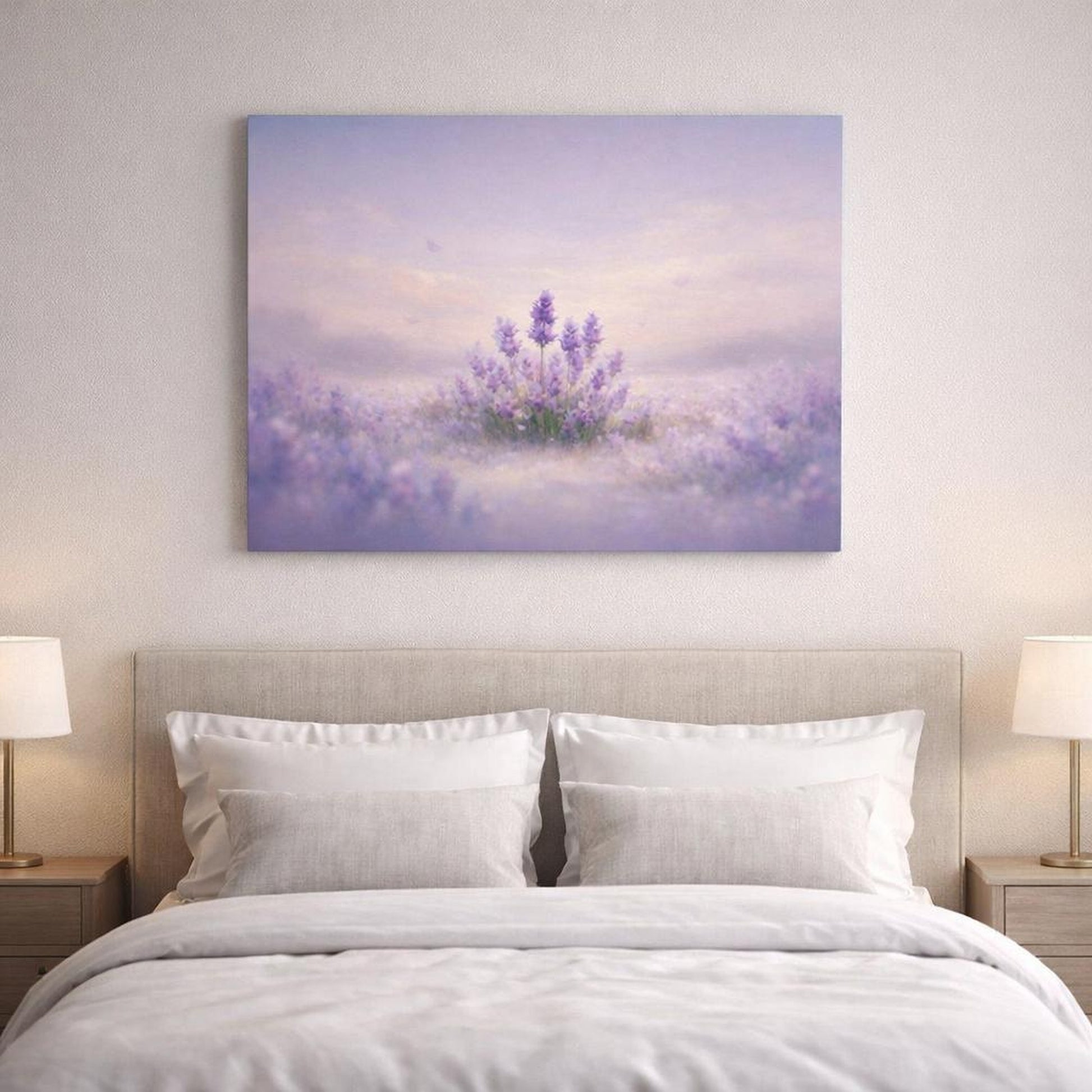 Soft Dreamscape Flowers Lavender shown as canvas wall art in a refined dining room
