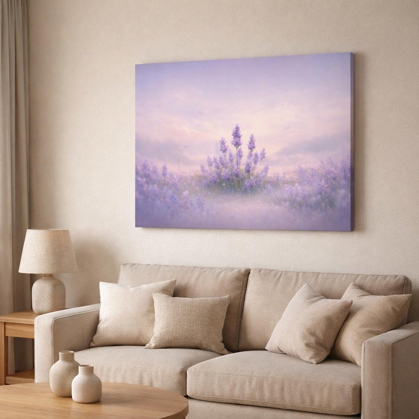 Soft Dreamscape Flowers Lavender shown as canvas wall art in a modern living room