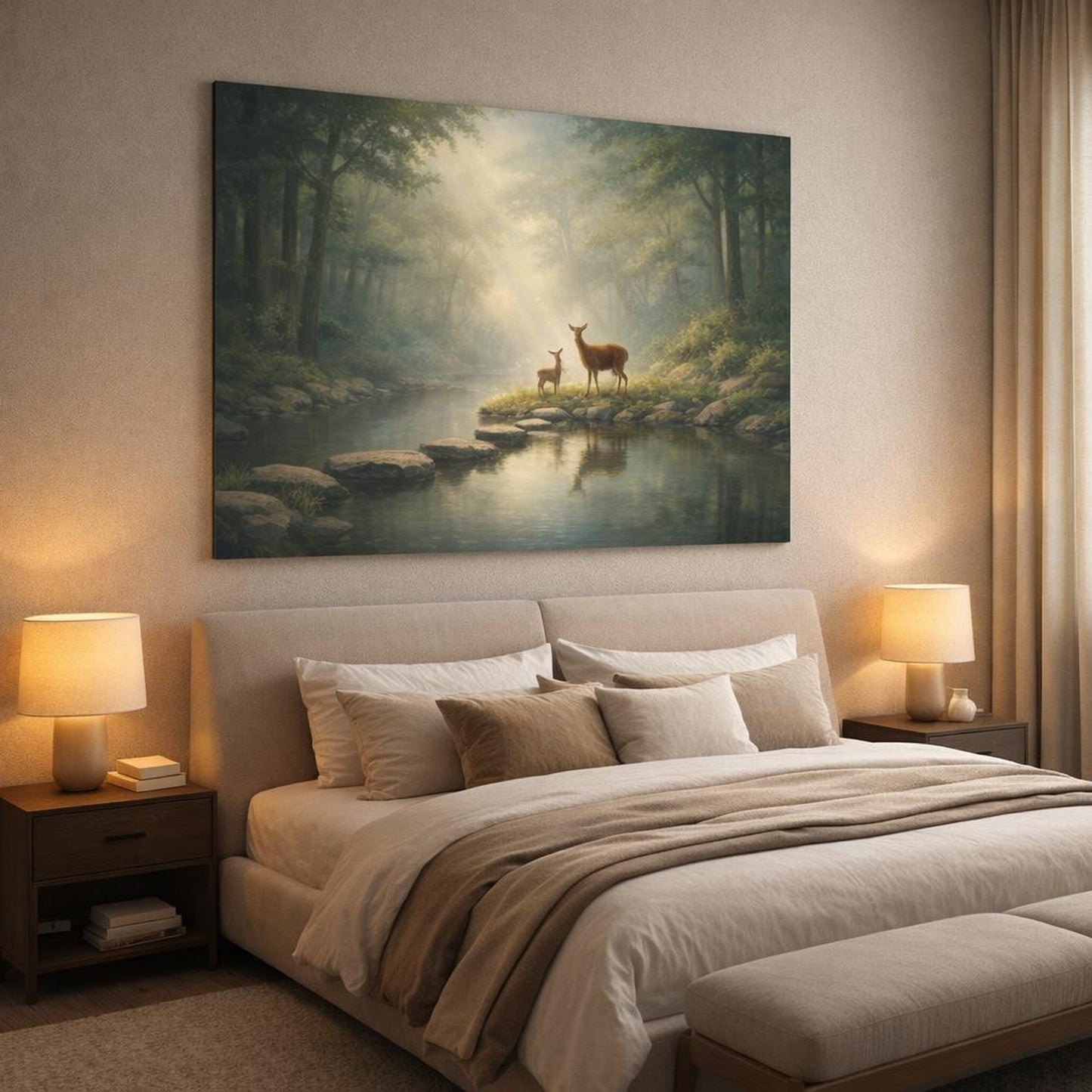 Soft Dreamscape Forest Serene shown as canvas wall art in a luxury bedroom