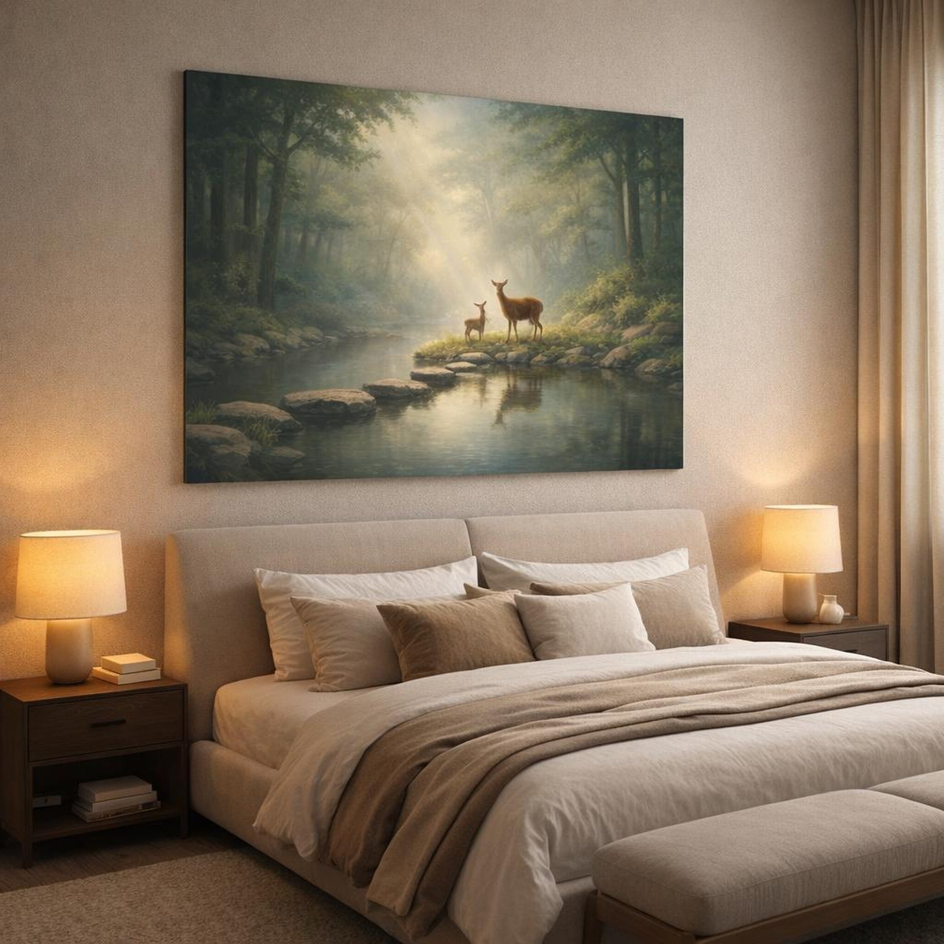 Soft Dreamscape Forest Serene shown as canvas wall art in a luxury bedroom