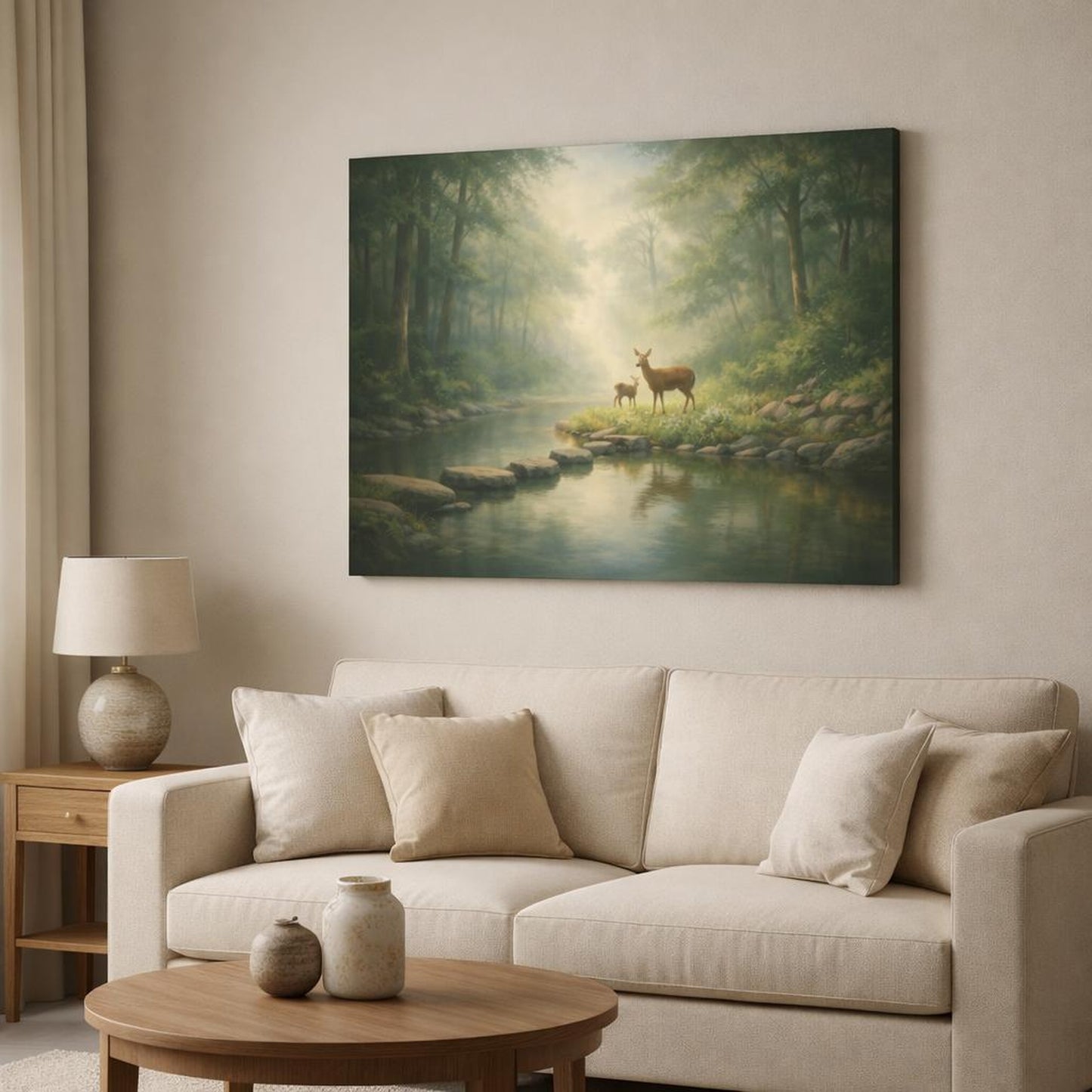 Soft Dreamscape Forest Serene shown as canvas wall art in a modern living room