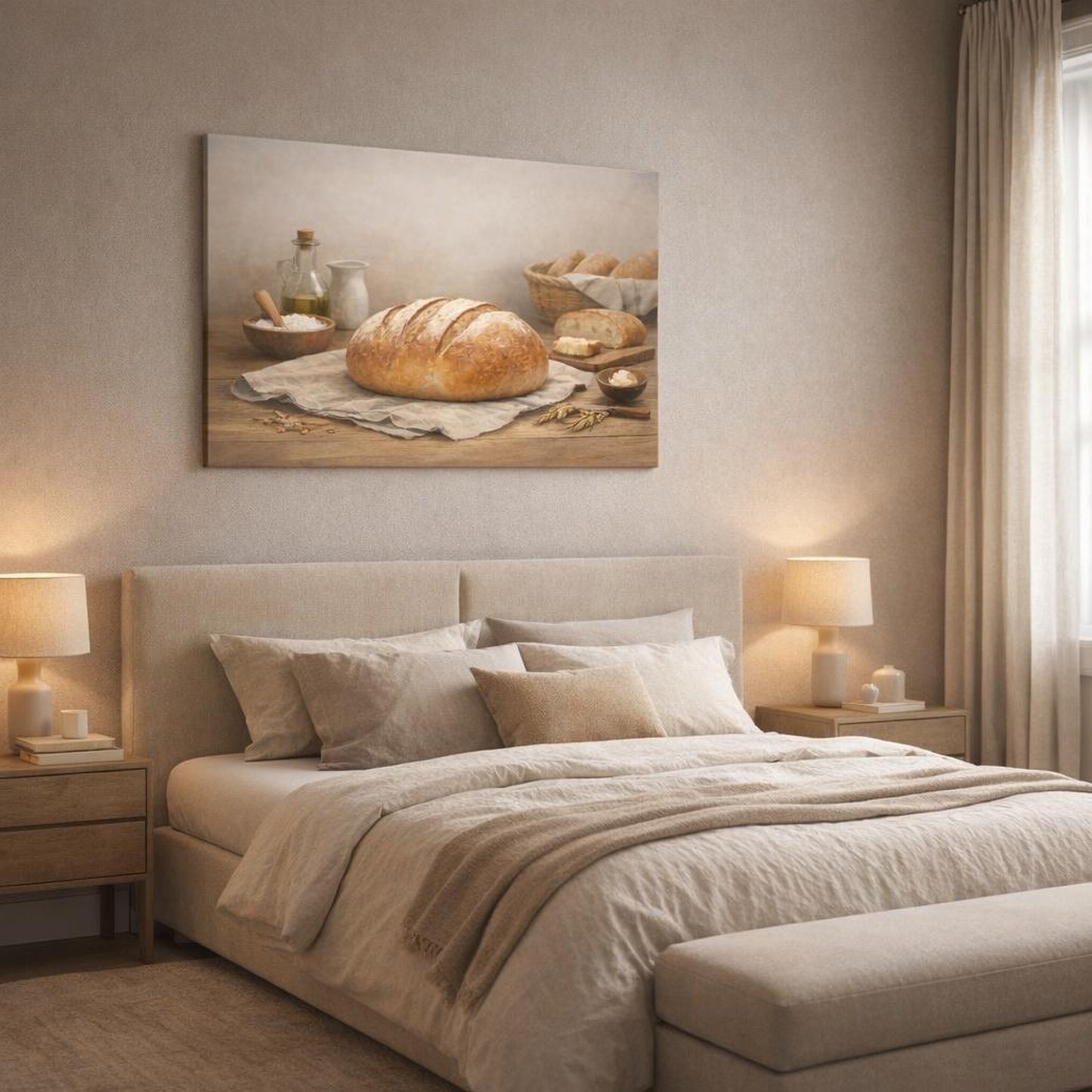 Soft Dreamscape Fresh Bread shown as canvas wall art in a luxury bedroom