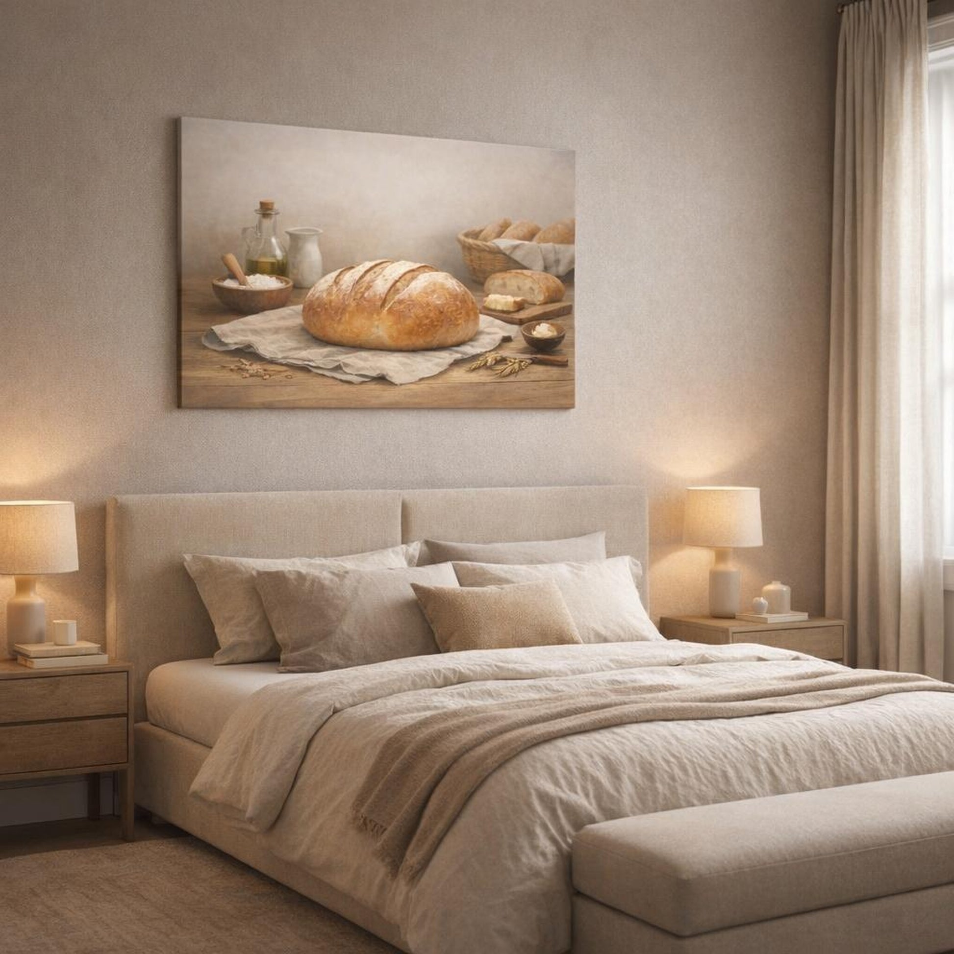Soft Dreamscape Fresh Bread shown as canvas wall art in a luxury bedroom