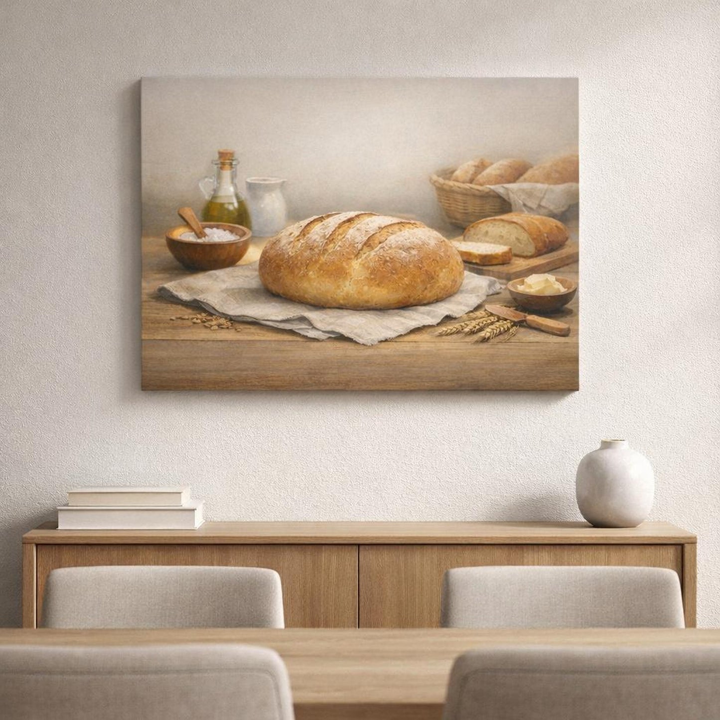 Soft Dreamscape Fresh Bread shown as canvas wall art in a refined dining room