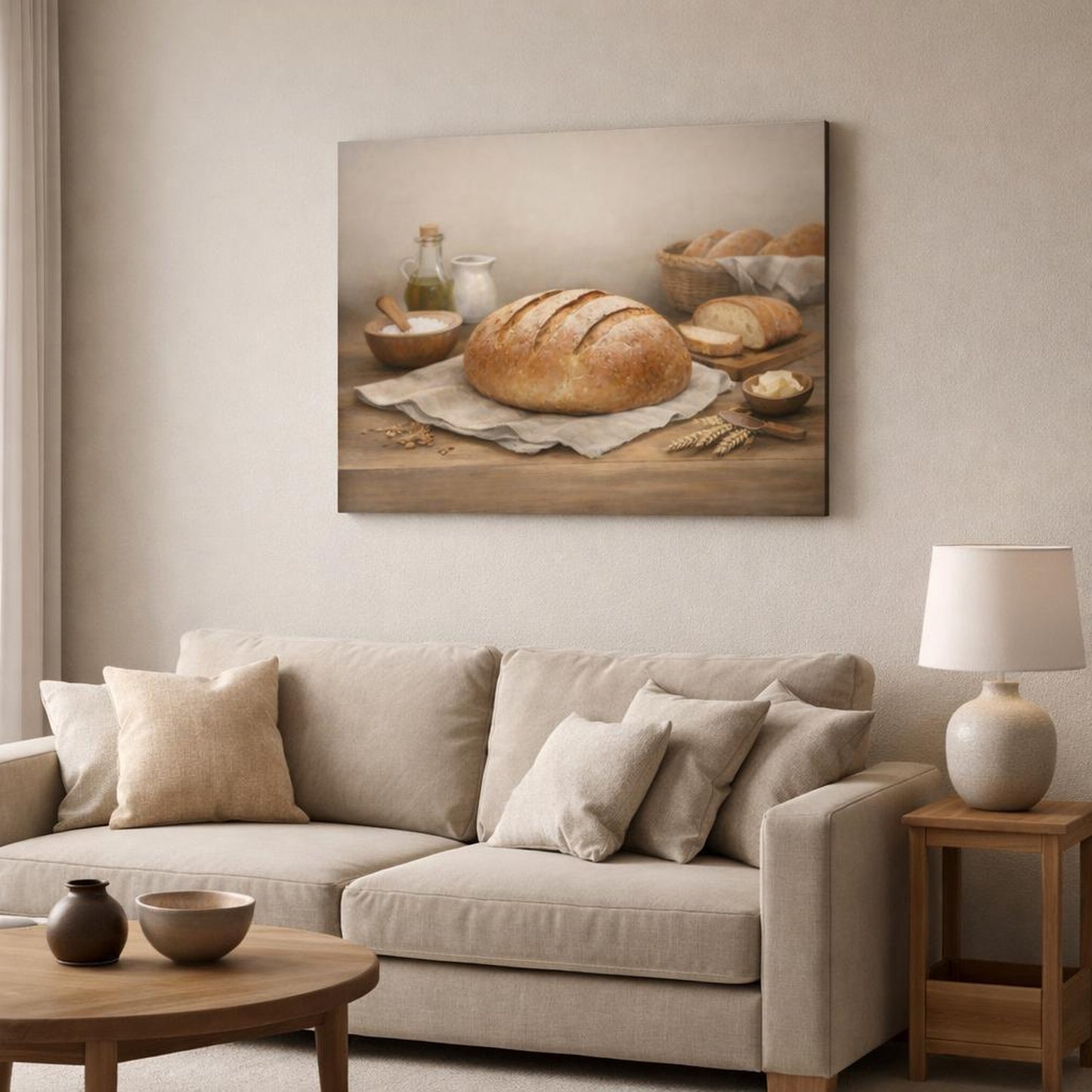 Soft Dreamscape Fresh Bread shown as canvas wall art in a modern living room