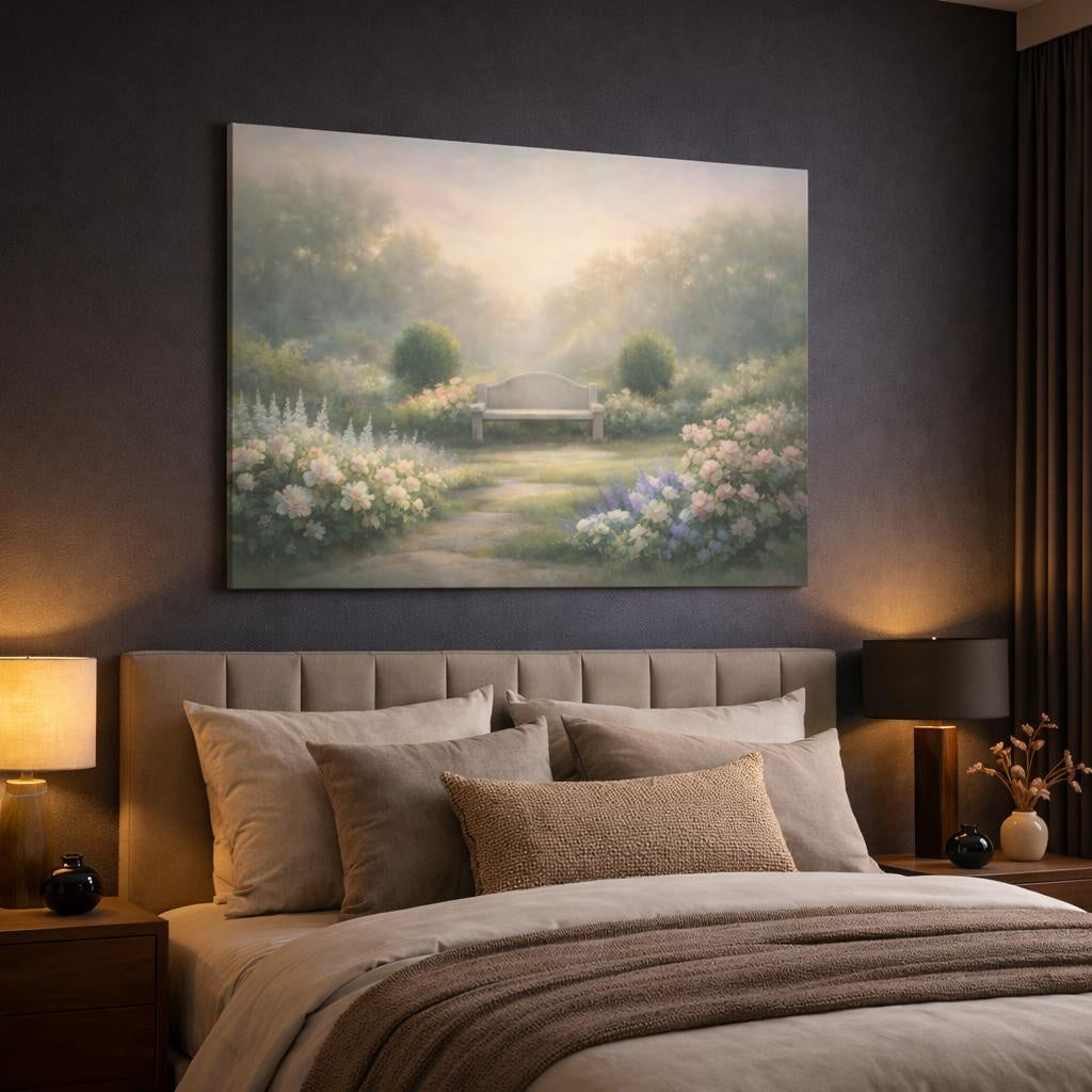Soft Dreamscape Garden Greenery shown as canvas wall art in a luxury bedroom