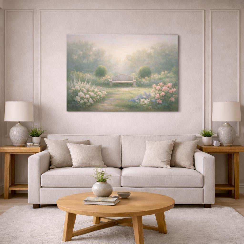 Soft Dreamscape Garden Greenery shown as canvas wall art in a modern living room