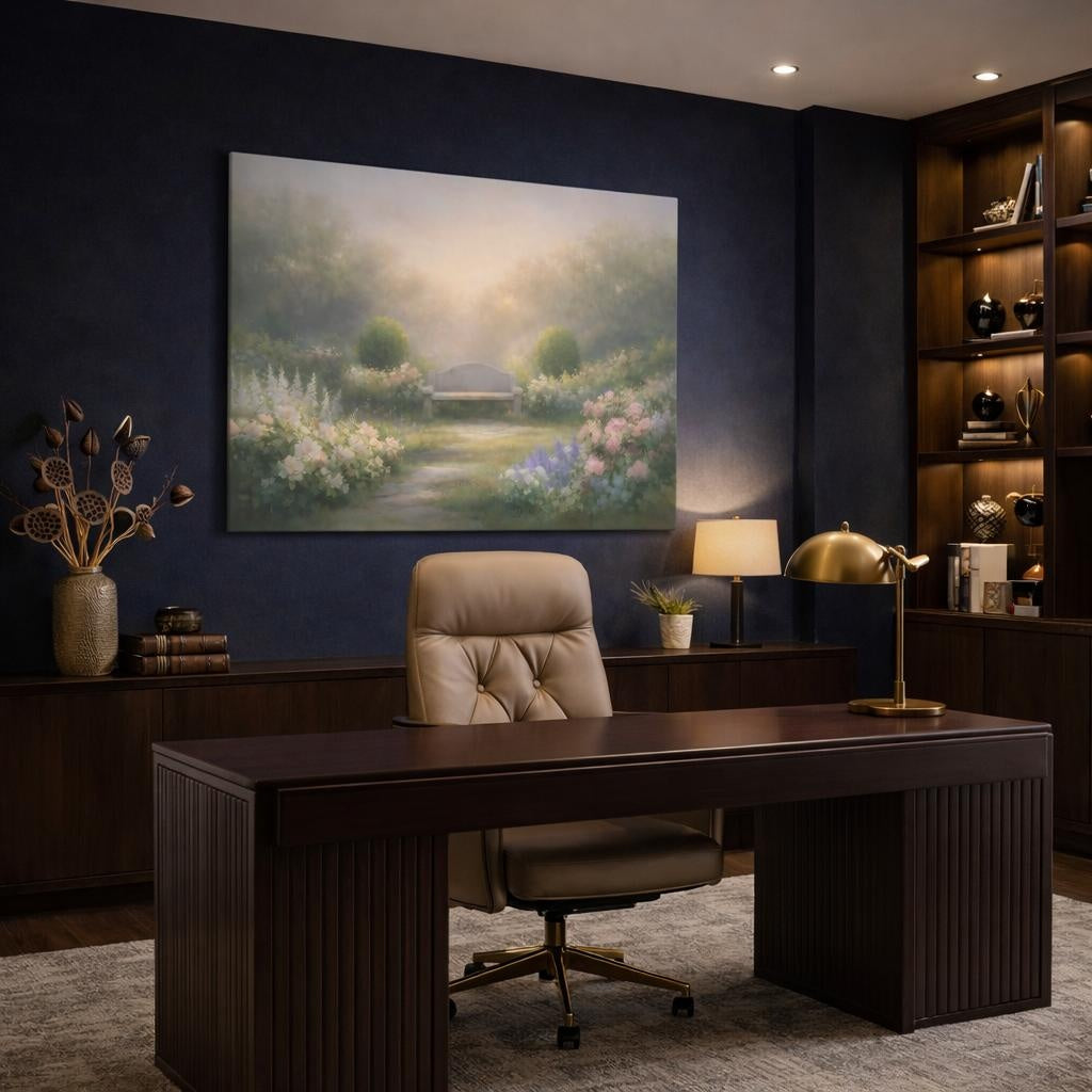Soft Dreamscape Garden Greenery shown as canvas wall art in a refined dining room