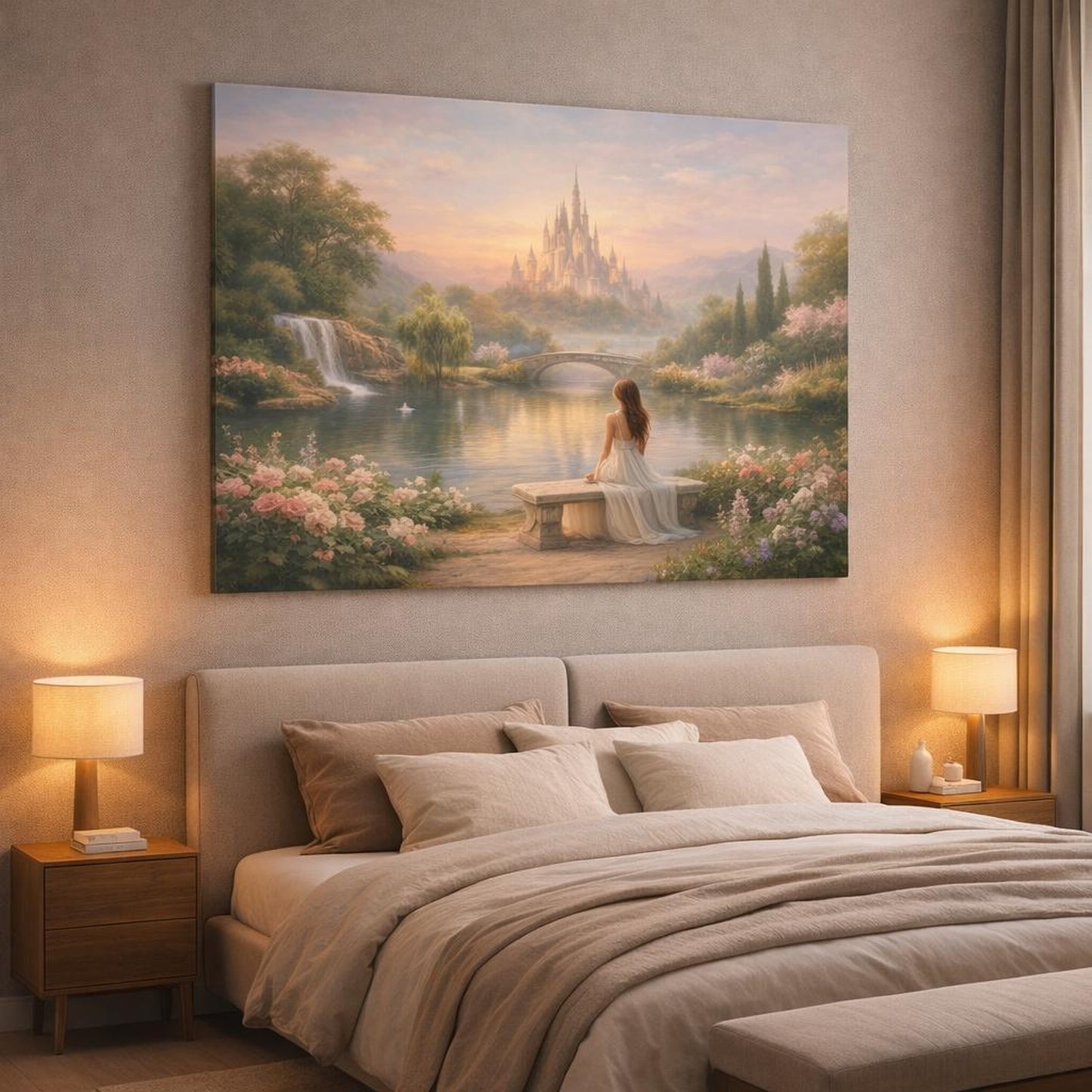 Soft Dreamscape Garden Landscape shown as canvas wall art in a luxury bedroom