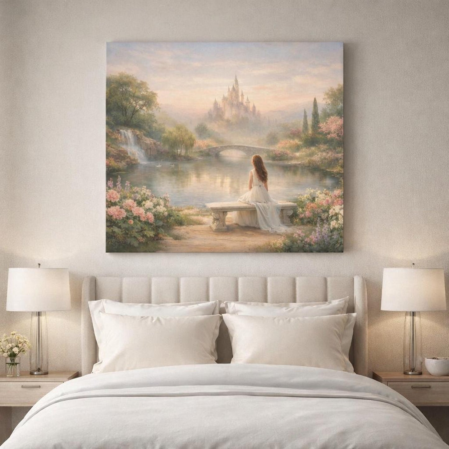 Soft Dreamscape Garden Landscape shown as canvas wall art in a refined dining room